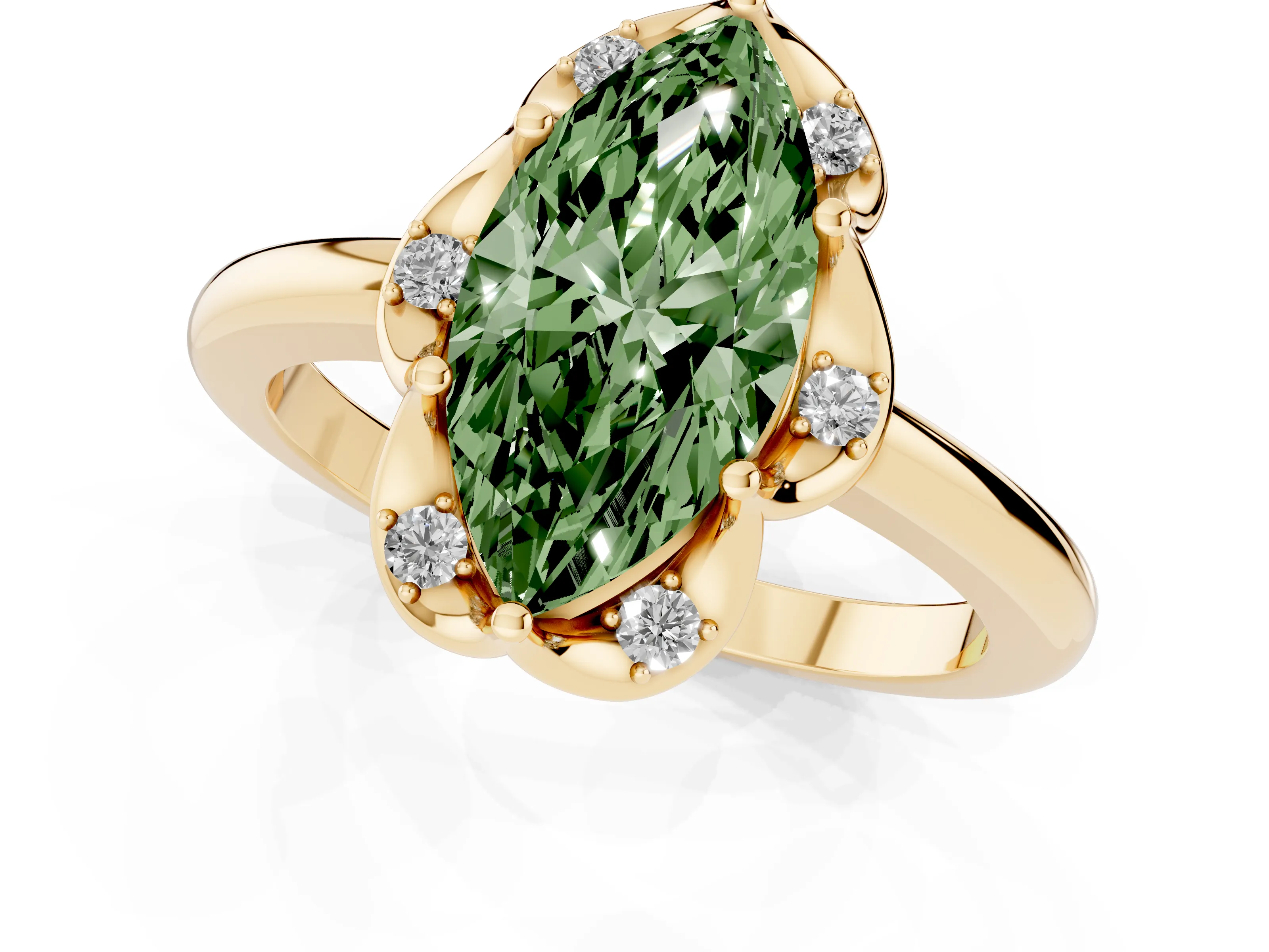 Fancy Green Marquise Cut Diamond Round Cluster Halo Ring Set in Yellow gold with Solitaire Band and Prong Setting
