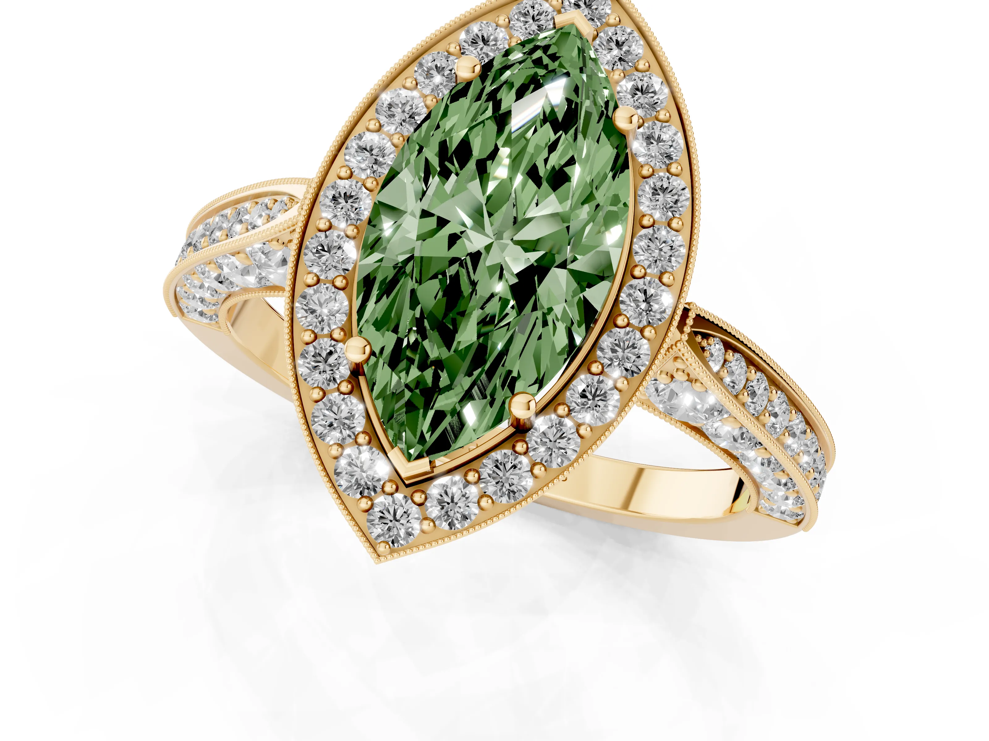 Fancy Green Marquise Cut Diamond Halo Engagement Ring Set in Yellow gold with Accent Split Shank Band