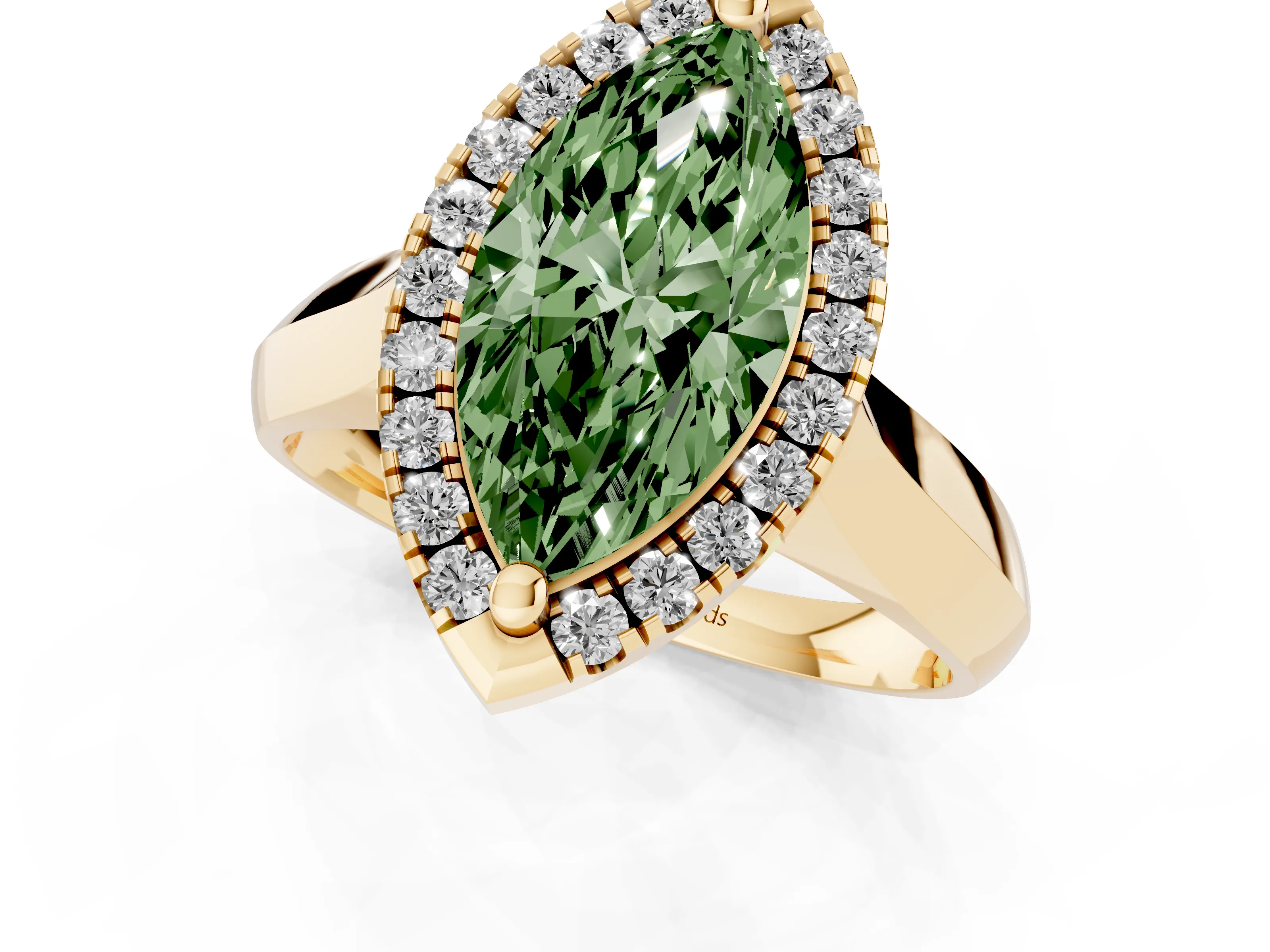 Fancy Green Marquise Cut Diamond Halo Solitaire Engagement Ring Set in Yellow gold with Square Band and Prong Setting