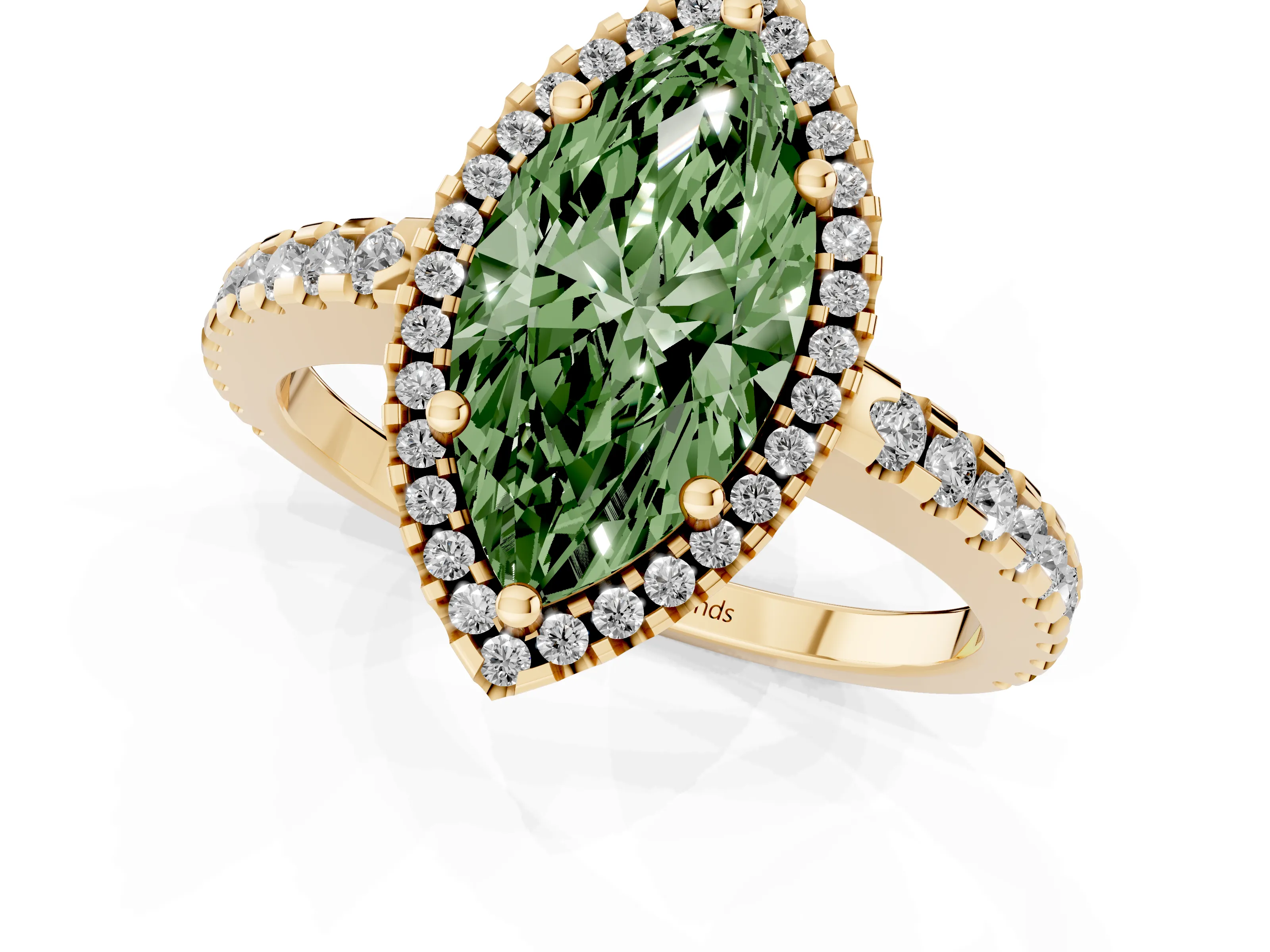 Fancy Green Marquise Cut Diamond Halo Ring Set in Yellow gold with Pavé Shoulders and Halo-Framed Center