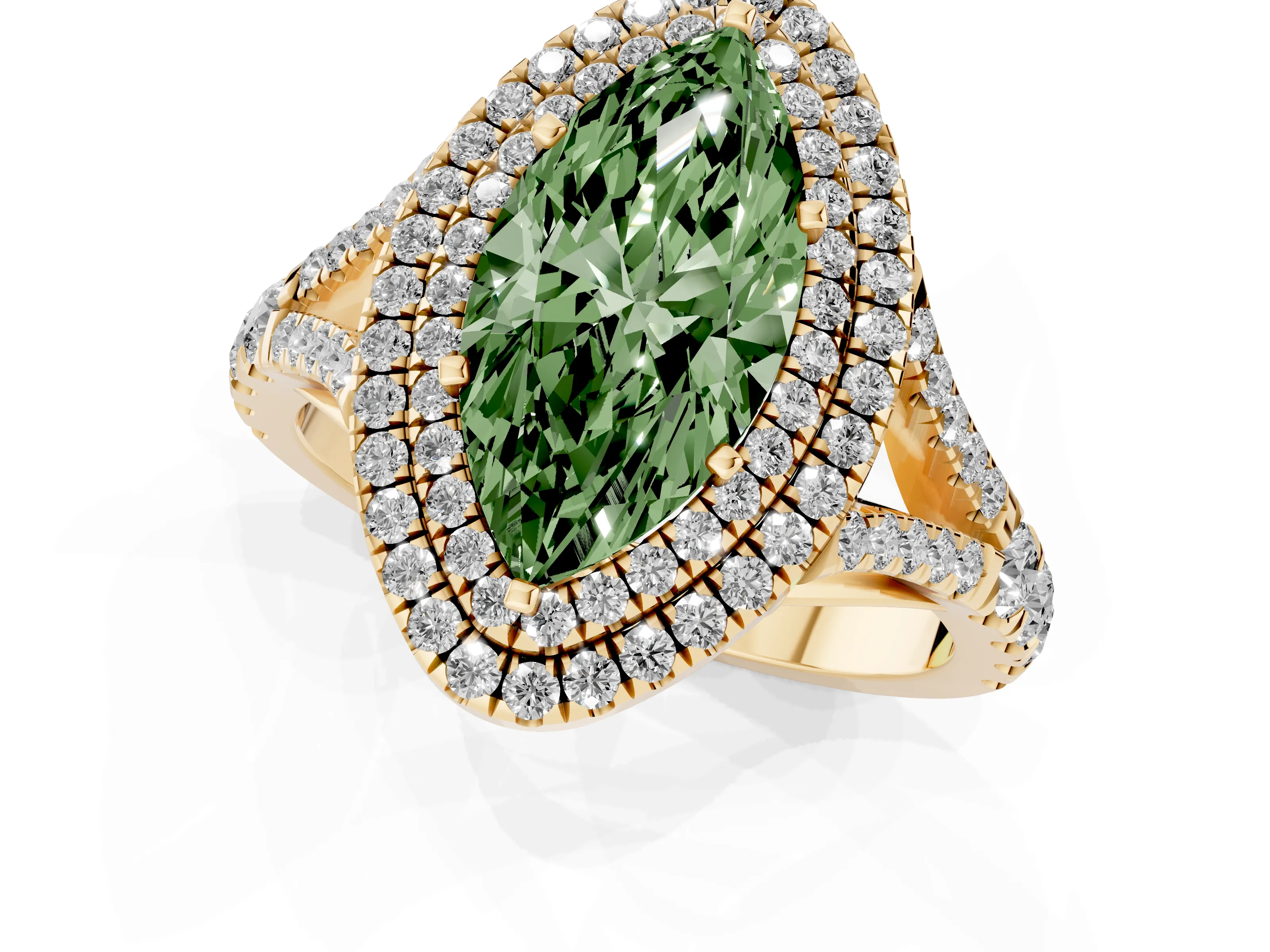Fancy Green Marquise Cut Diamond Pavé Split Shank Double Halo Engagement Ring Set in Yellow gold – second view
