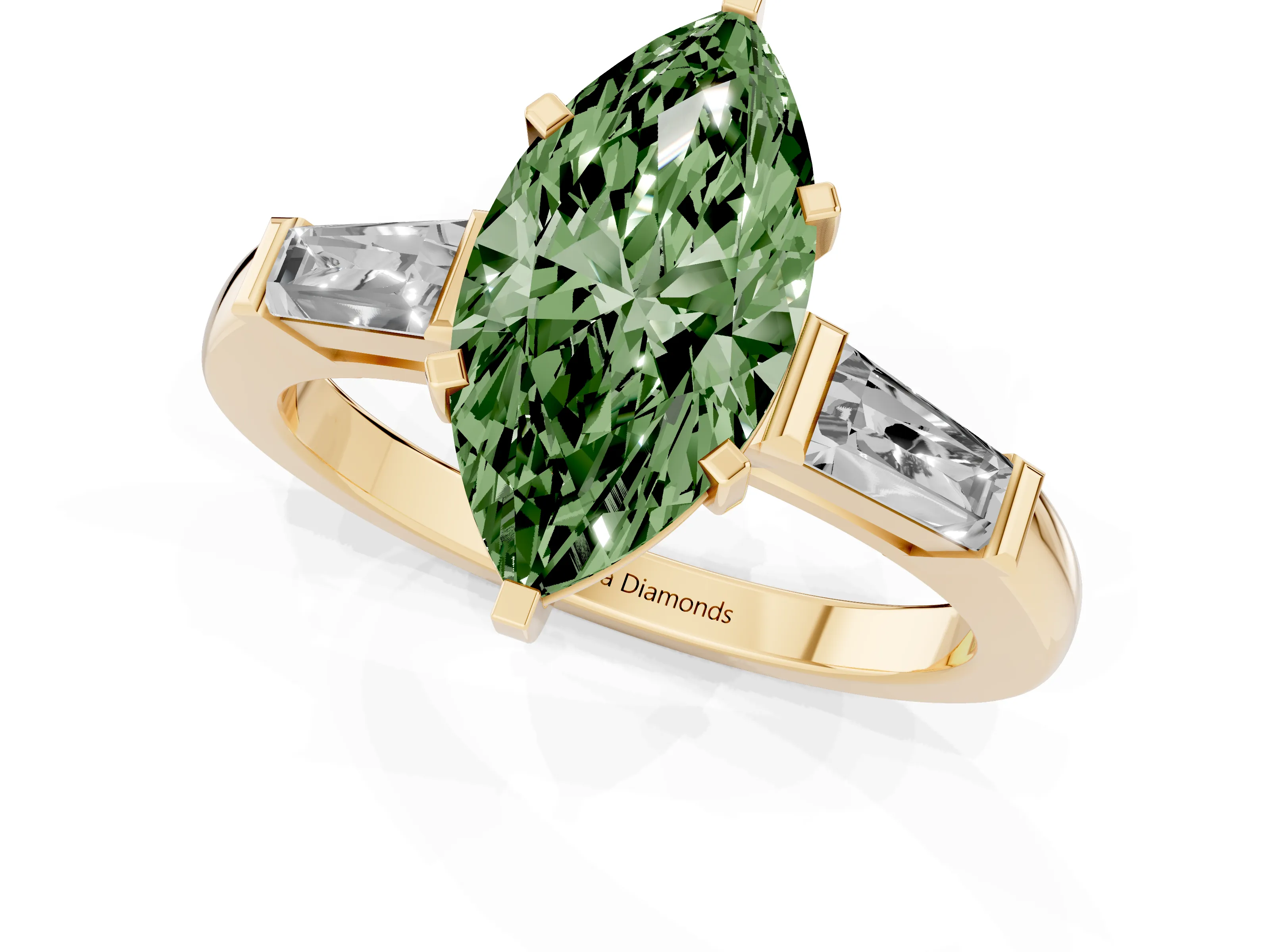 Fancy Green Marquise Cut Diamond Solitaire Ring Set in Yellow gold with Tapered Baguette Side Stones and Prong Setting