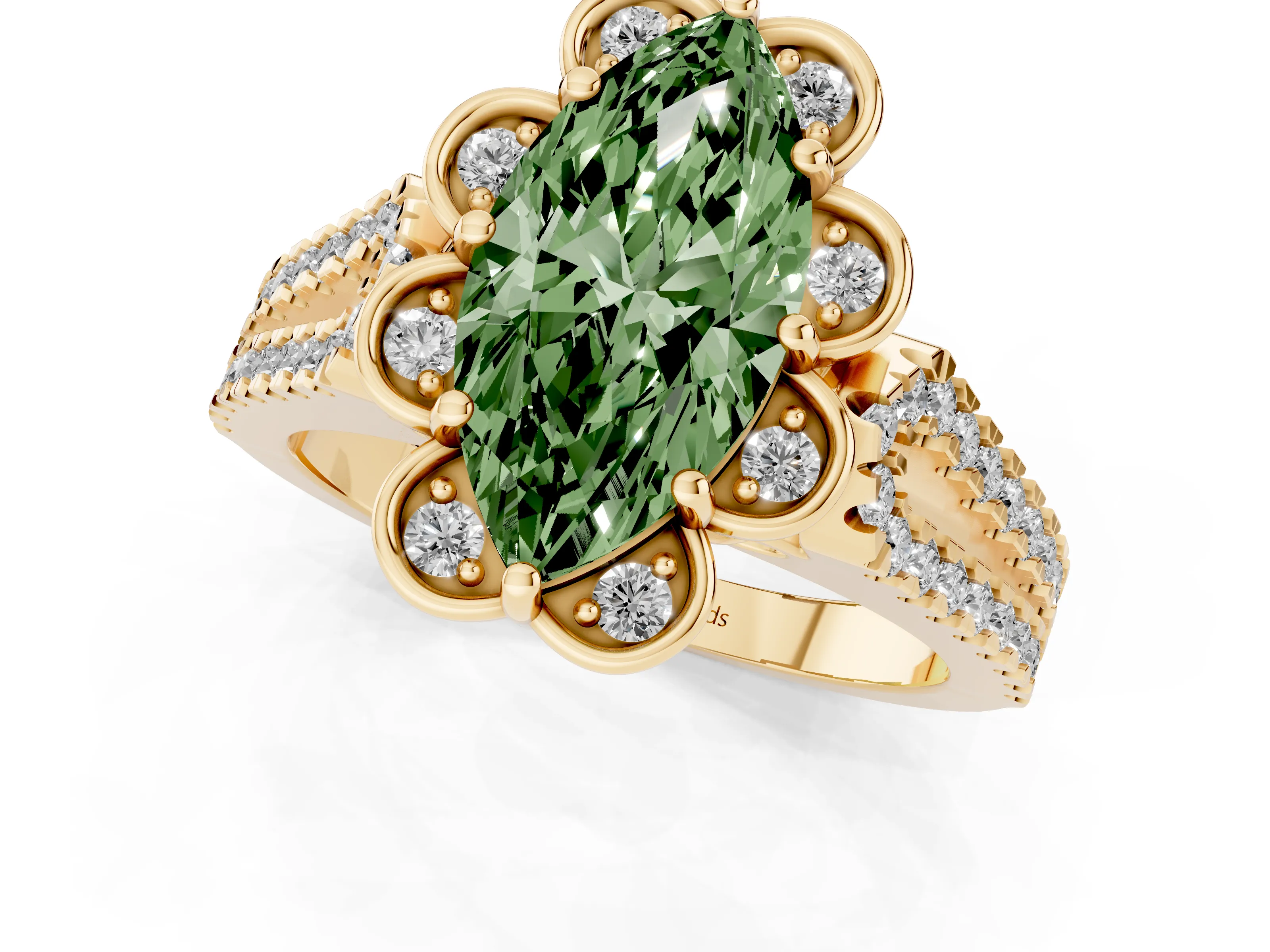Fancy Green Marquise Cut Diamond Floral Halo Split Shank Engagement Ring Set in Yellow gold with Pavé Shank