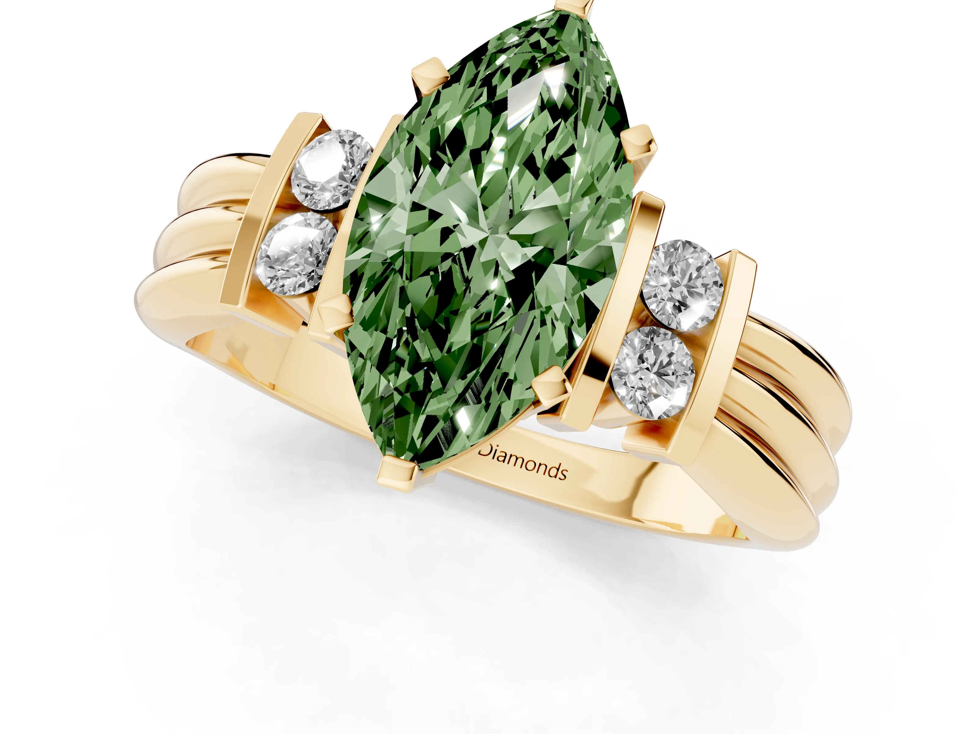 Fancy Green Three-Stone Marquise Cut Diamond Channel Set Ring Set in Yellow gold with Bar Prongs