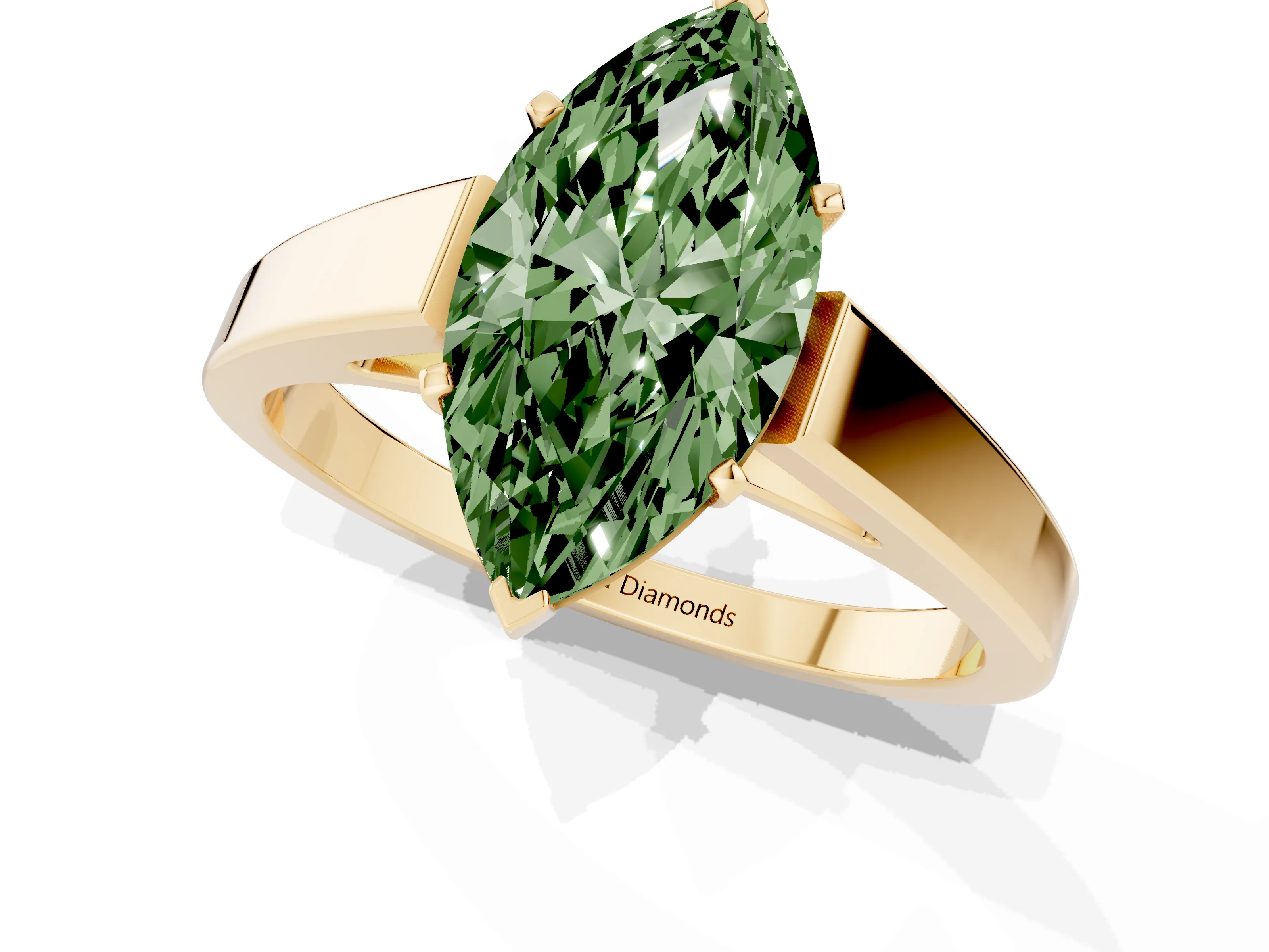Fancy Green Marquise Cut Diamond Solitaire Engagement Ring Set in Yellow gold with Prong Setting and Tapered Band