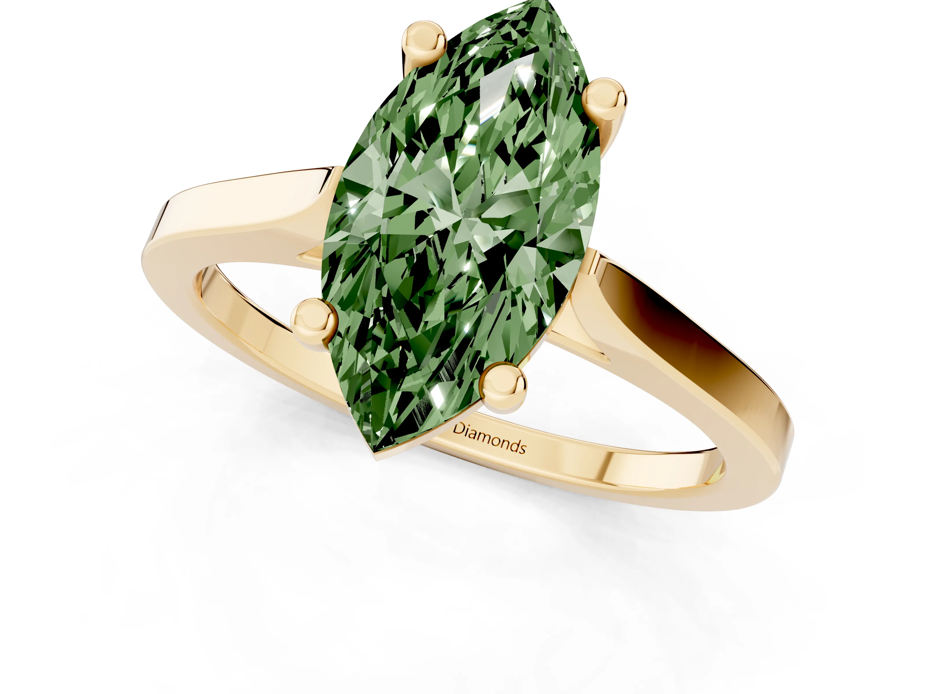 Fancy Green Marquise Cut Diamond Solitaire Ring Set in Yellow gold with Prong Setting and Tapered Band