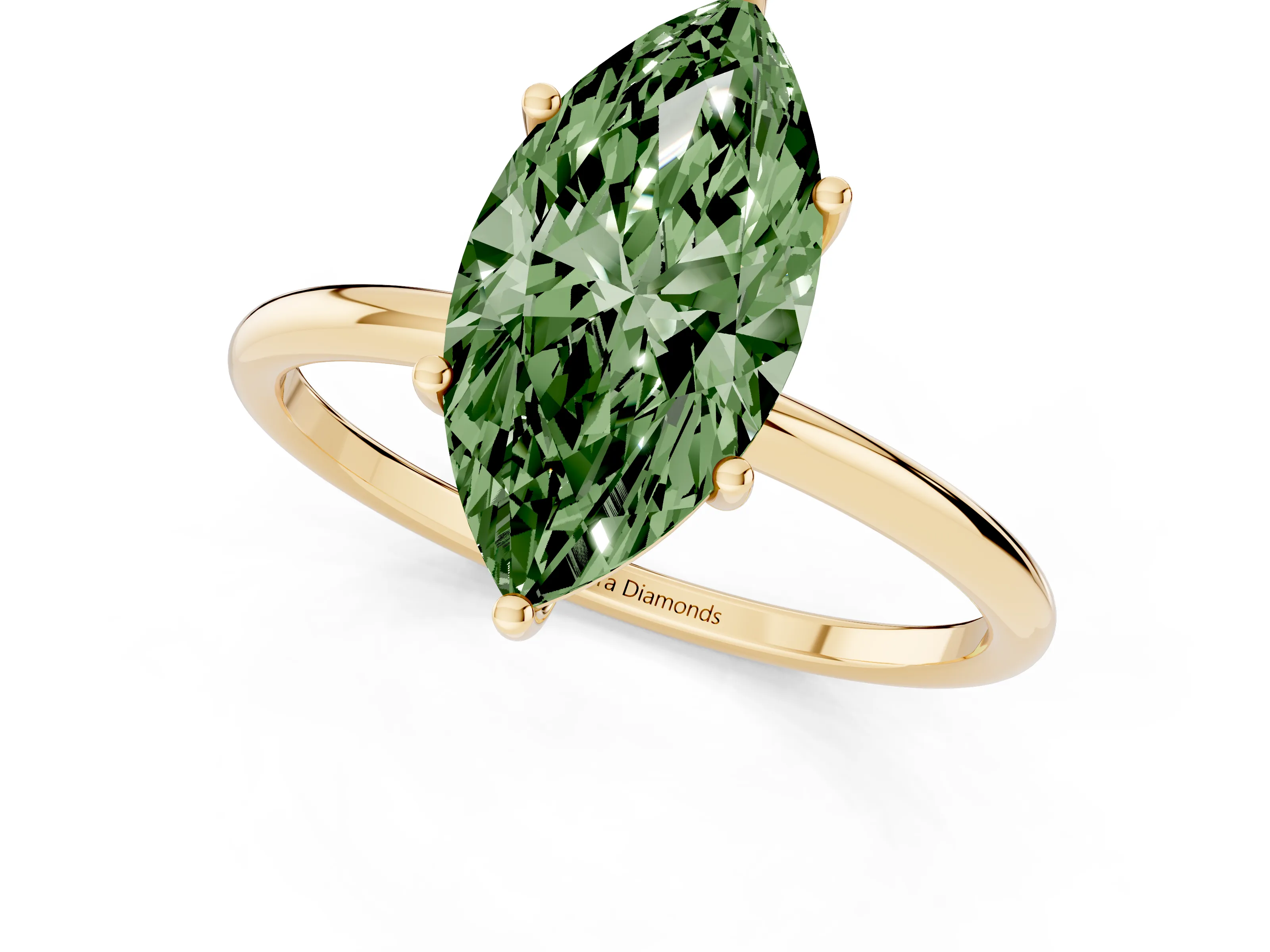 Fancy Green Marquise Cut Diamond Solitaire Engagement Ring Set in Yellow gold with Thin Band and Prong Setting