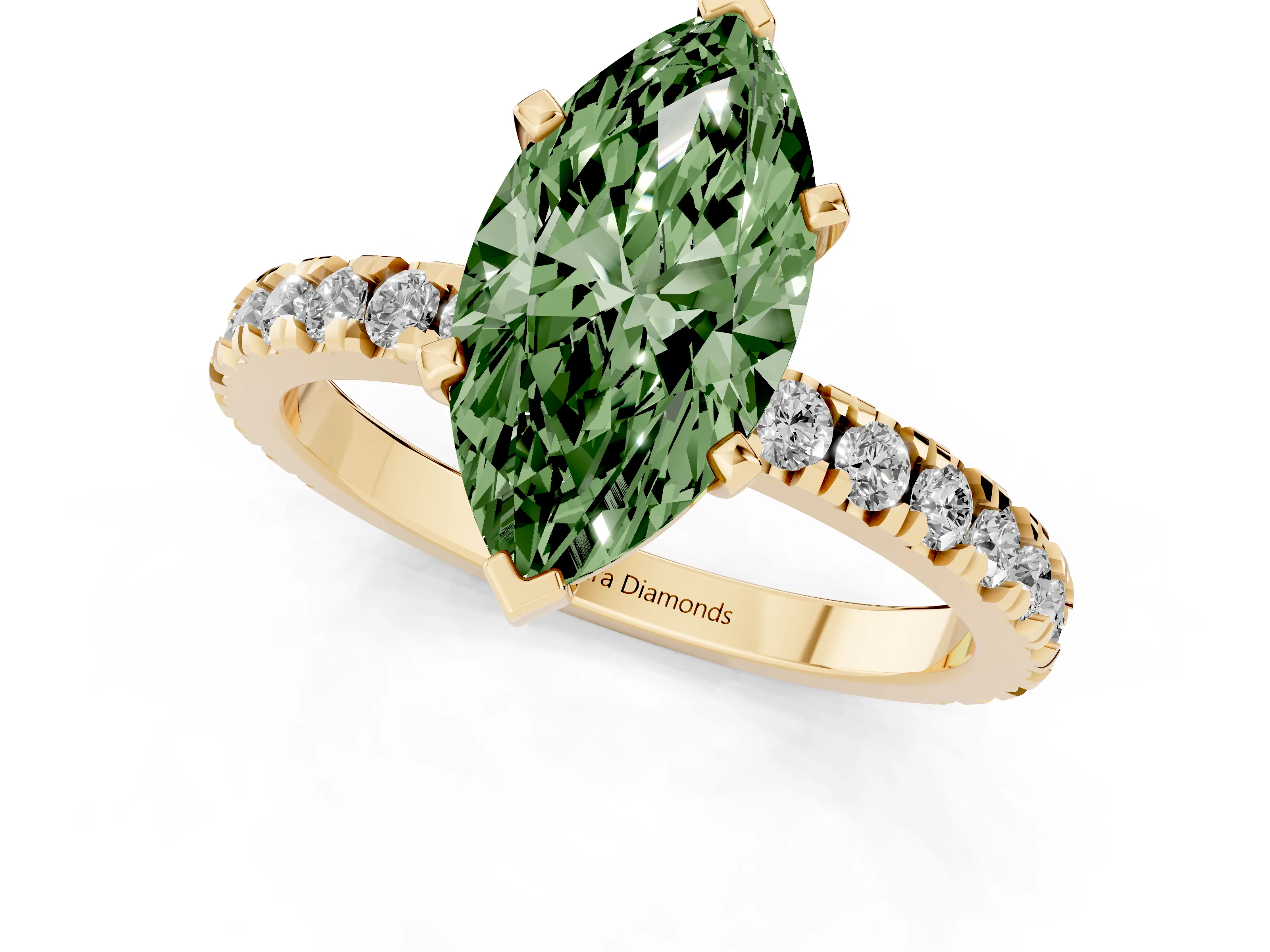Fancy Green Marquise Cut Diamond Pavé Band Solitaire Set in Yellow gold with Prong Setting