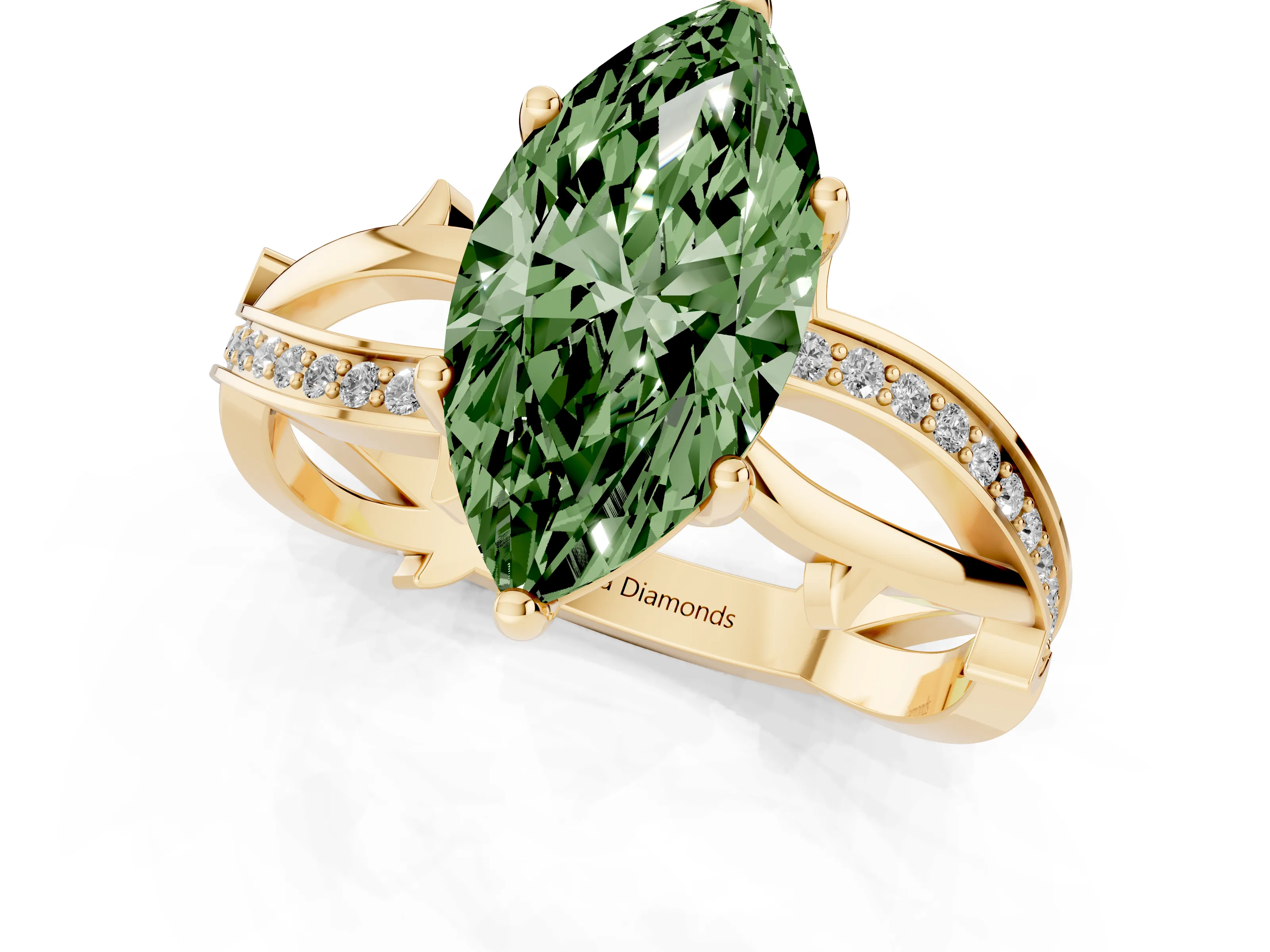 Fancy Green Marquise Cut Diamond Pavé Twist Band Solitaire Ring Set in Yellow gold with Prong Setting