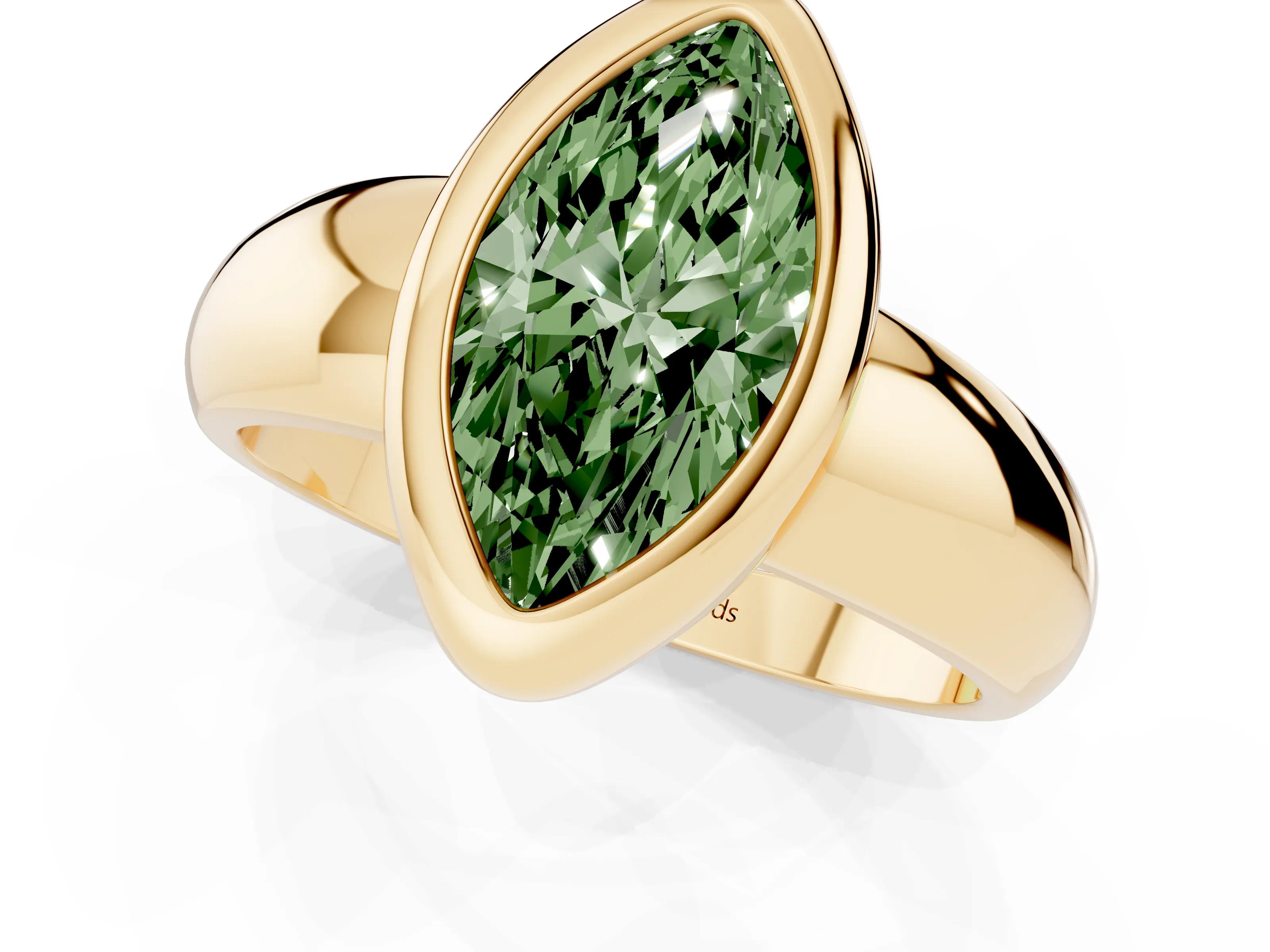Fancy Green Bezel Set Marquise Cut Diamond Solitaire Ring Set in Yellow gold with Wide Band