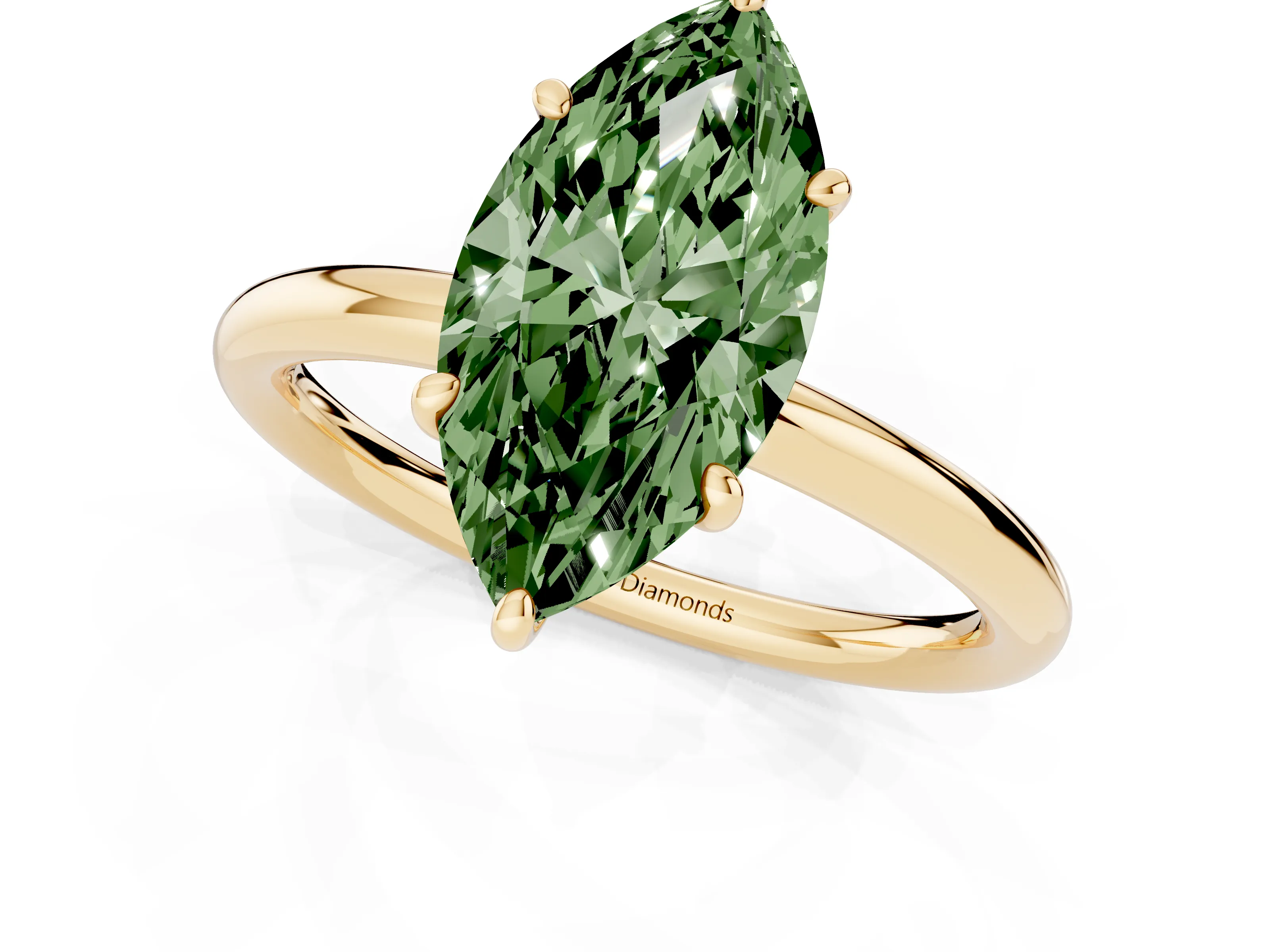 Fancy Green Marquise Cut Diamond Solitaire Ring Set in Yellow gold with Prong Setting on a Polished Plain Band