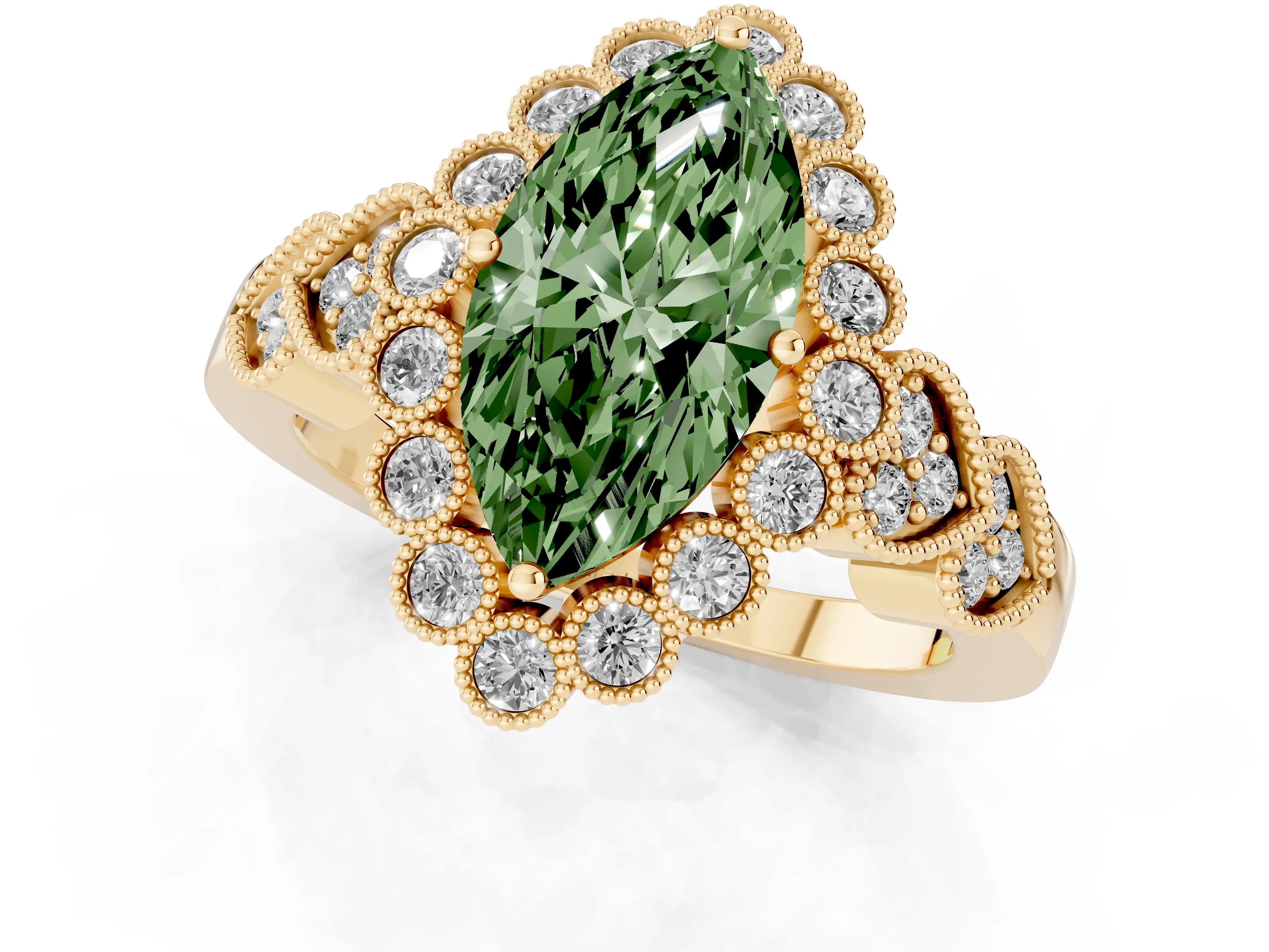 Fancy Green Marquise Cut Diamond Solitaire Ring Set in Yellow gold with Milgrain Pavé Heart Band