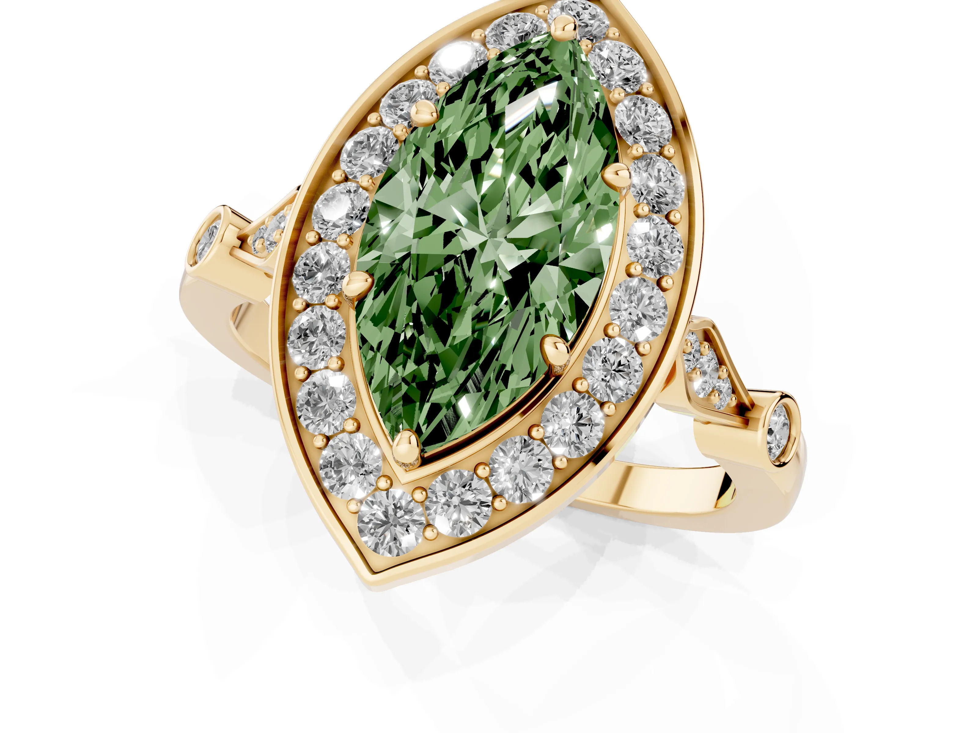 Fancy Green Marquise Cut Diamond Halo Engagement Ring Set in Yellow gold with Twisted Band and Prong Setting