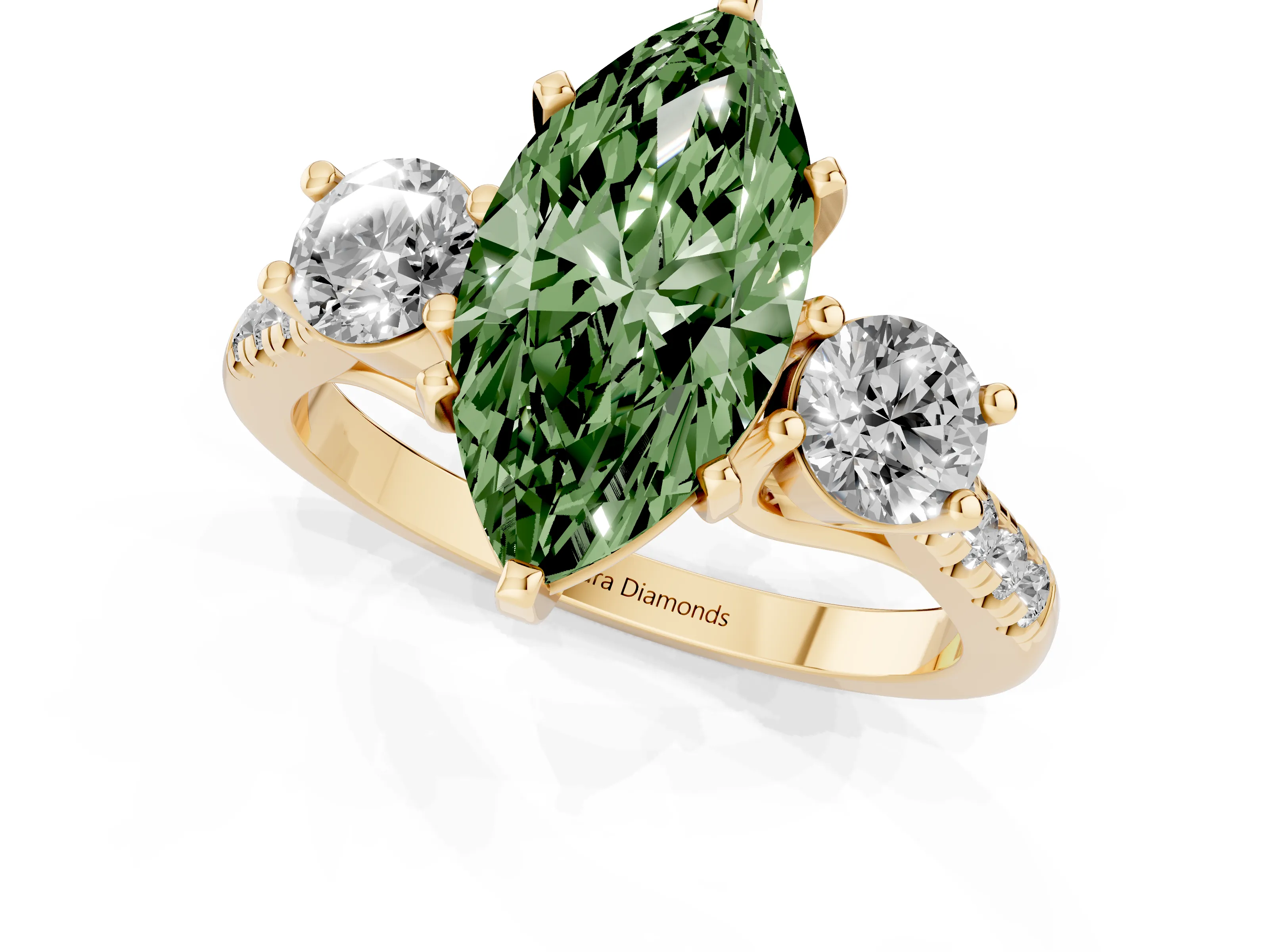 Fancy Green Three-Stone Marquise Cut Diamond Pavé Band Ring Set in Yellow gold with Prong-Set Trio