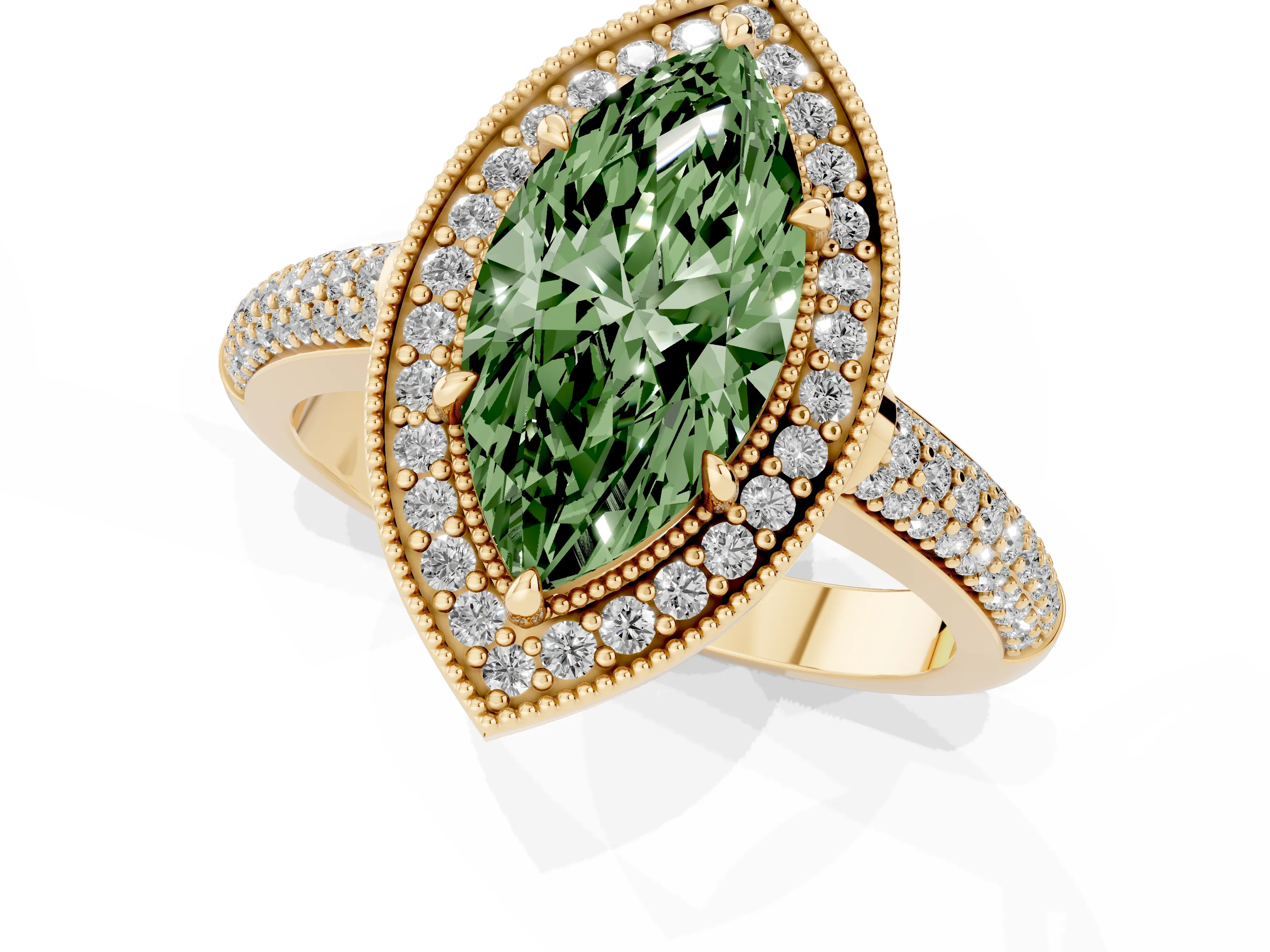 Fancy Green Marquise Cut Diamond Halo Pavé Band Set in Yellow gold with Prong Setting