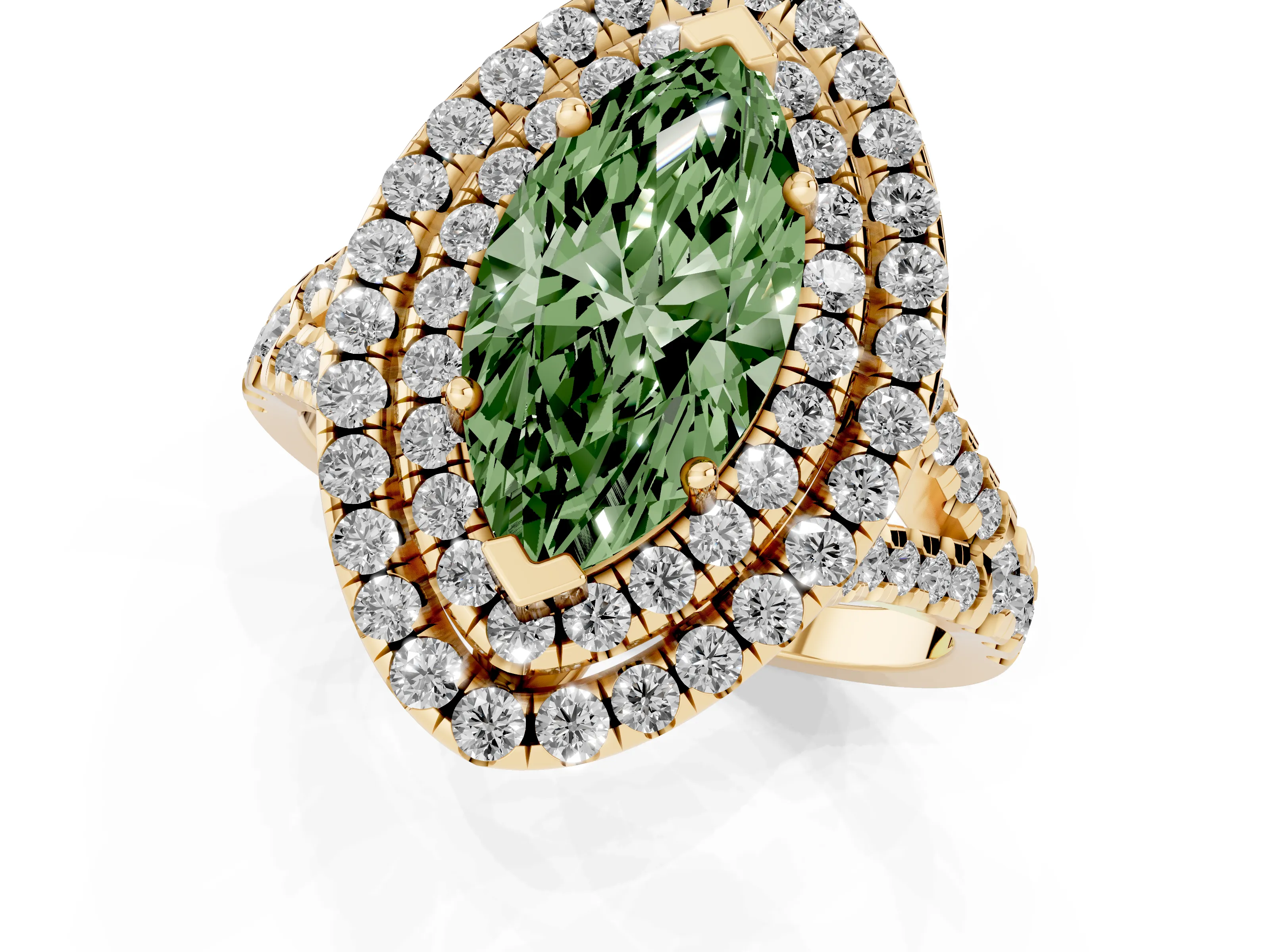 Fancy Green Marquise Cut Diamond Double Halo Ring Set in Yellow gold with Pavé Split Shank and Prong Setting