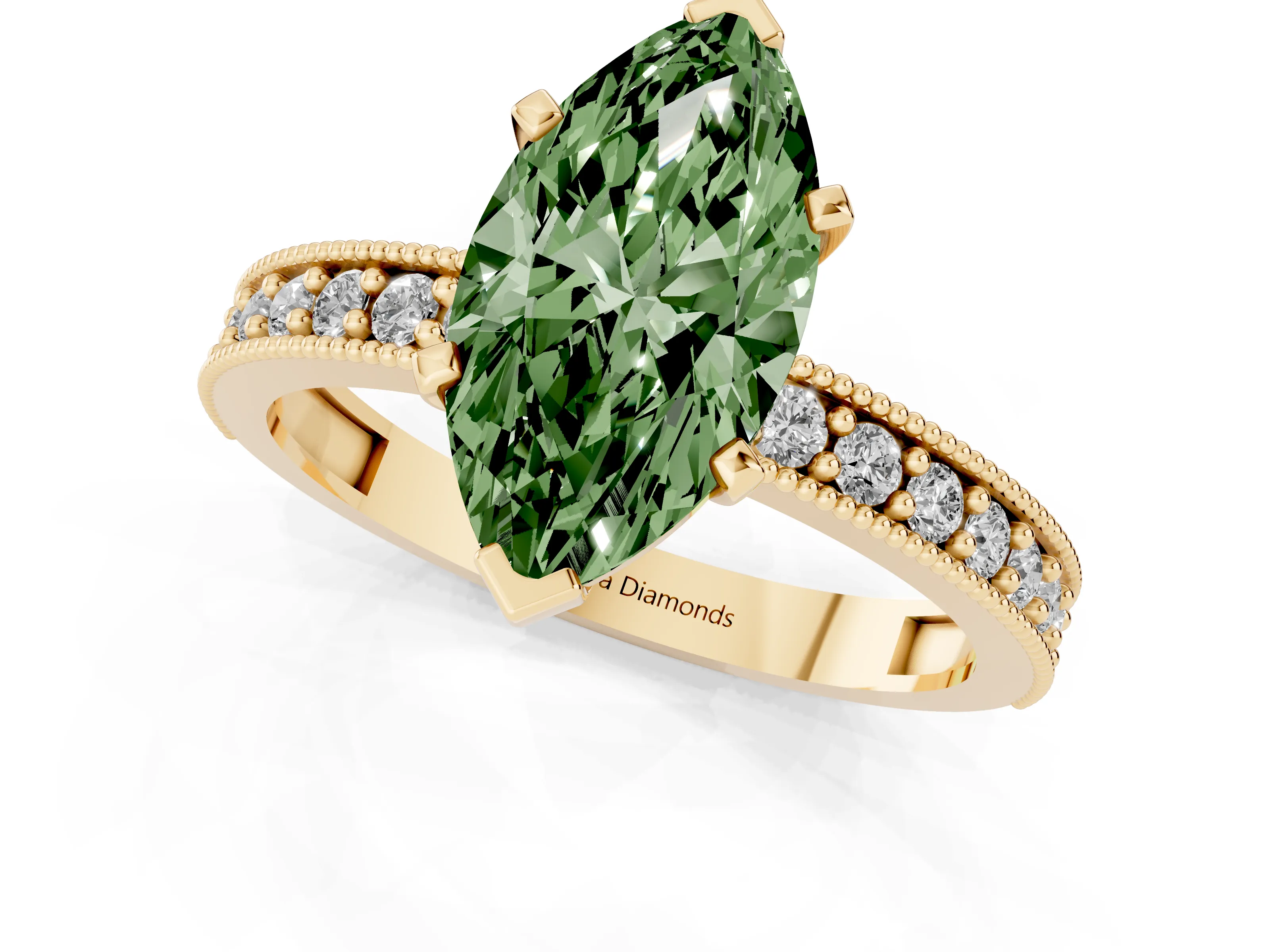 Fancy Green Marquise Cut Diamond Milgrain Pavé Engagement Ring Set in Yellow gold with Prong Setting