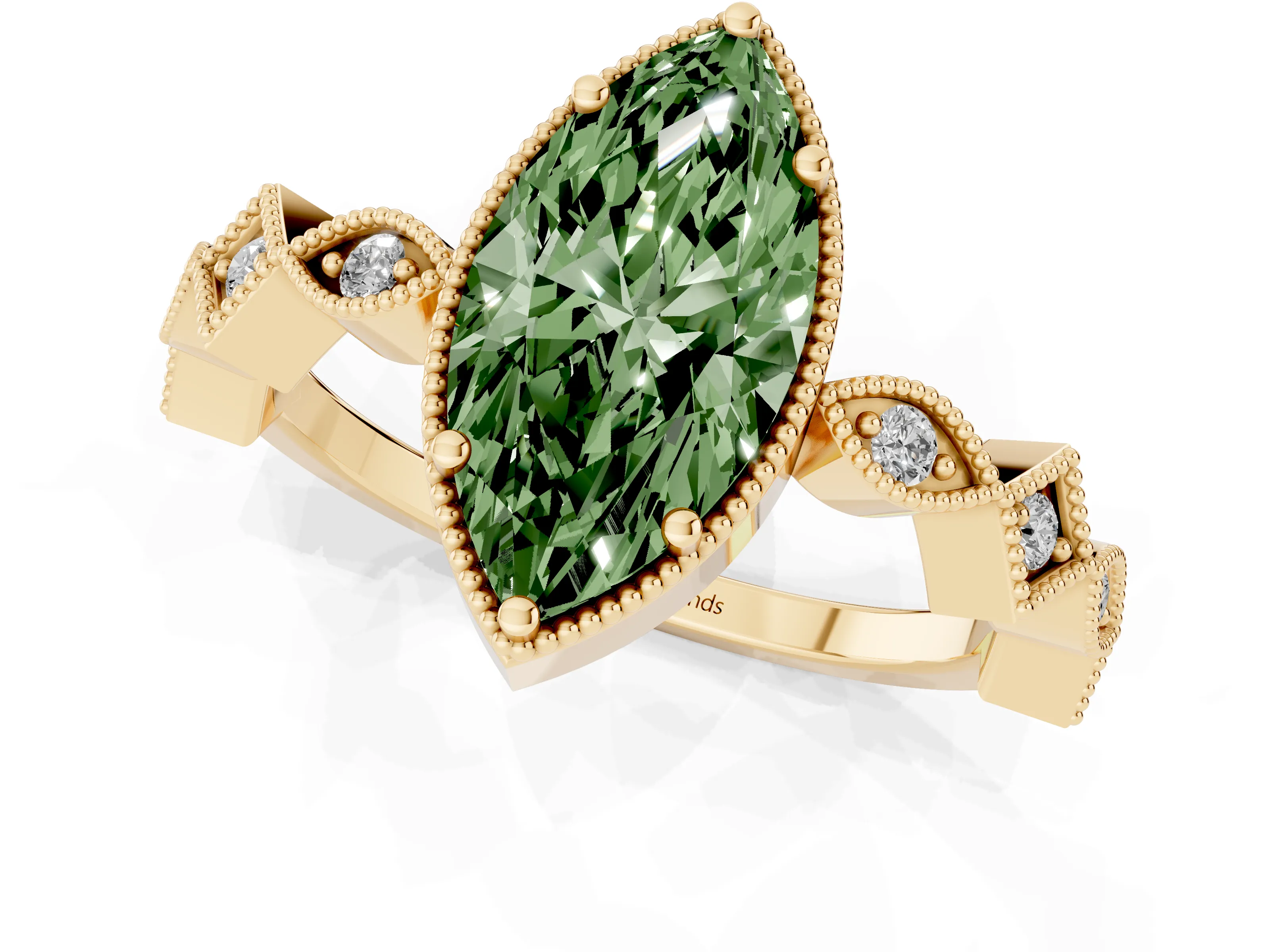 Fancy Green Marquise Cut Diamond Milgrain Marquise Twist Band Ring Set in Yellow gold with Prong Setting