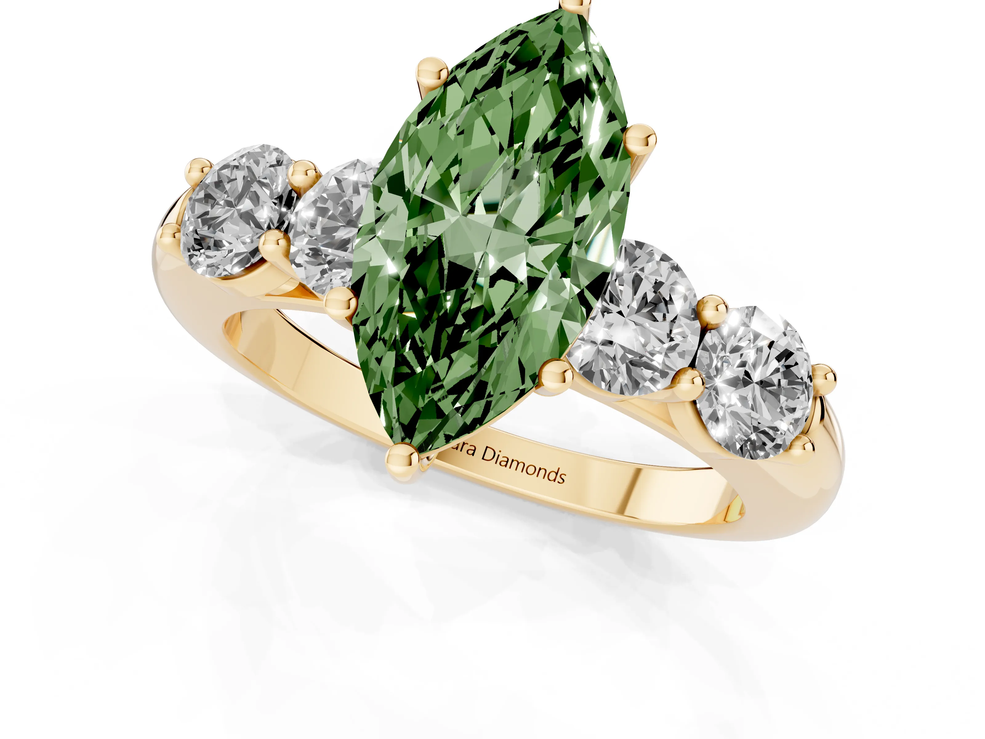 Fancy Green Marquise Cut Diamond Five-Stone Prong Set Ring Set in Yellow gold with Classic Band