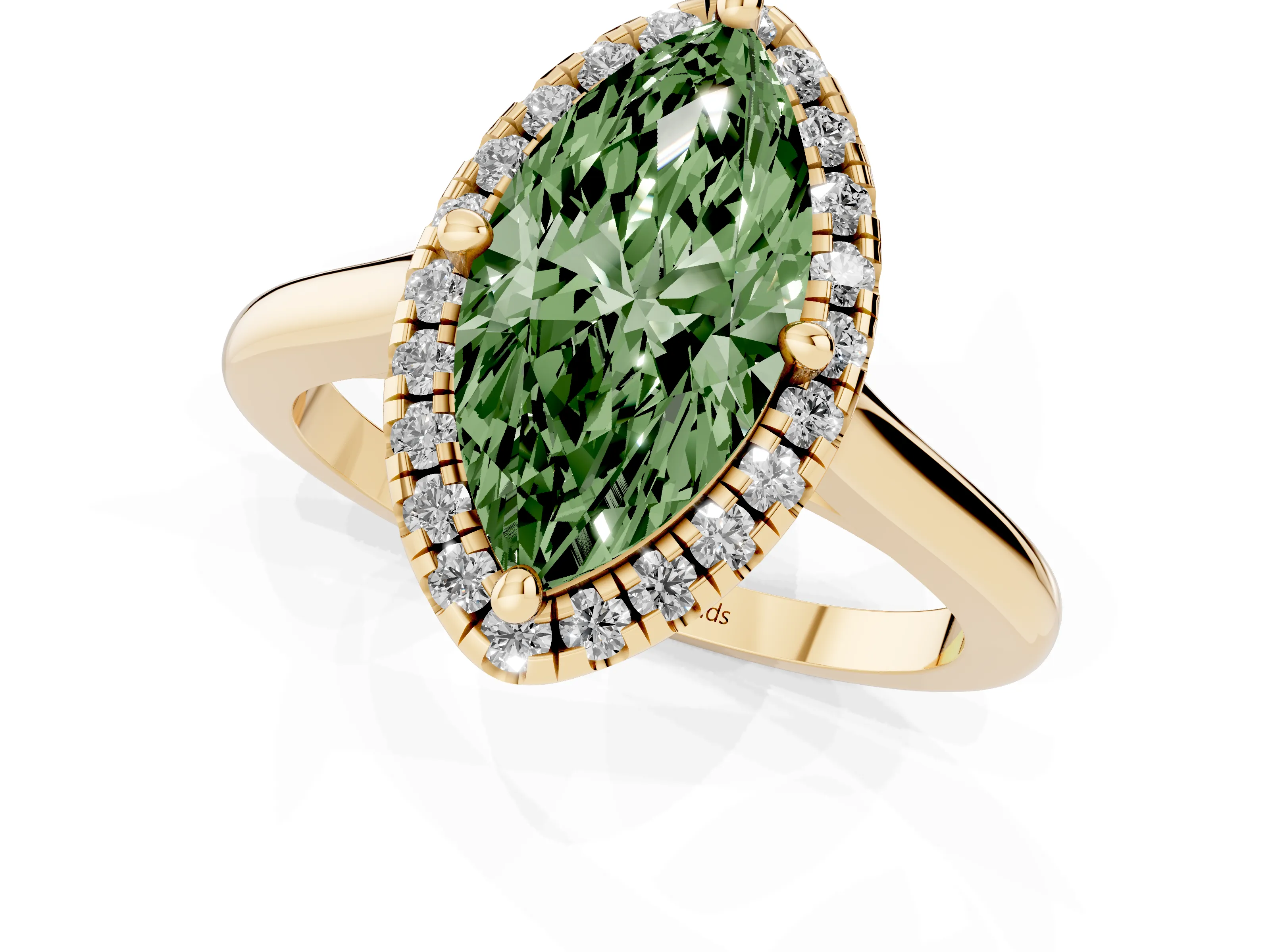 Fancy Green Marquise Cut Diamond Halo Engagement Ring Set in Yellow gold with Pavé Band and Rising Shoulders