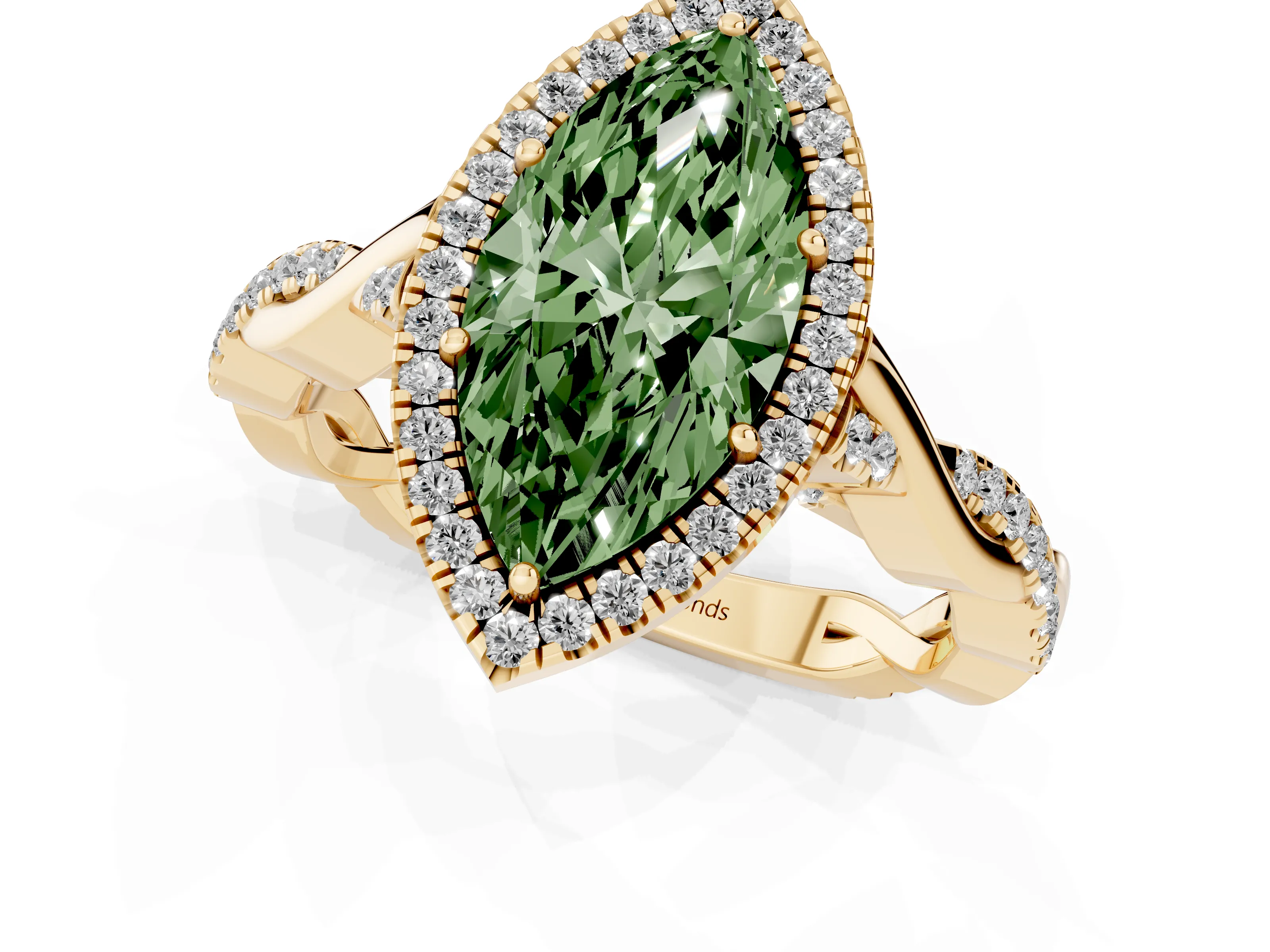 Fancy Green Marquise Cut Diamond Halo Twist Band Solitaire Ring Set in Yellow gold with Prong Setting