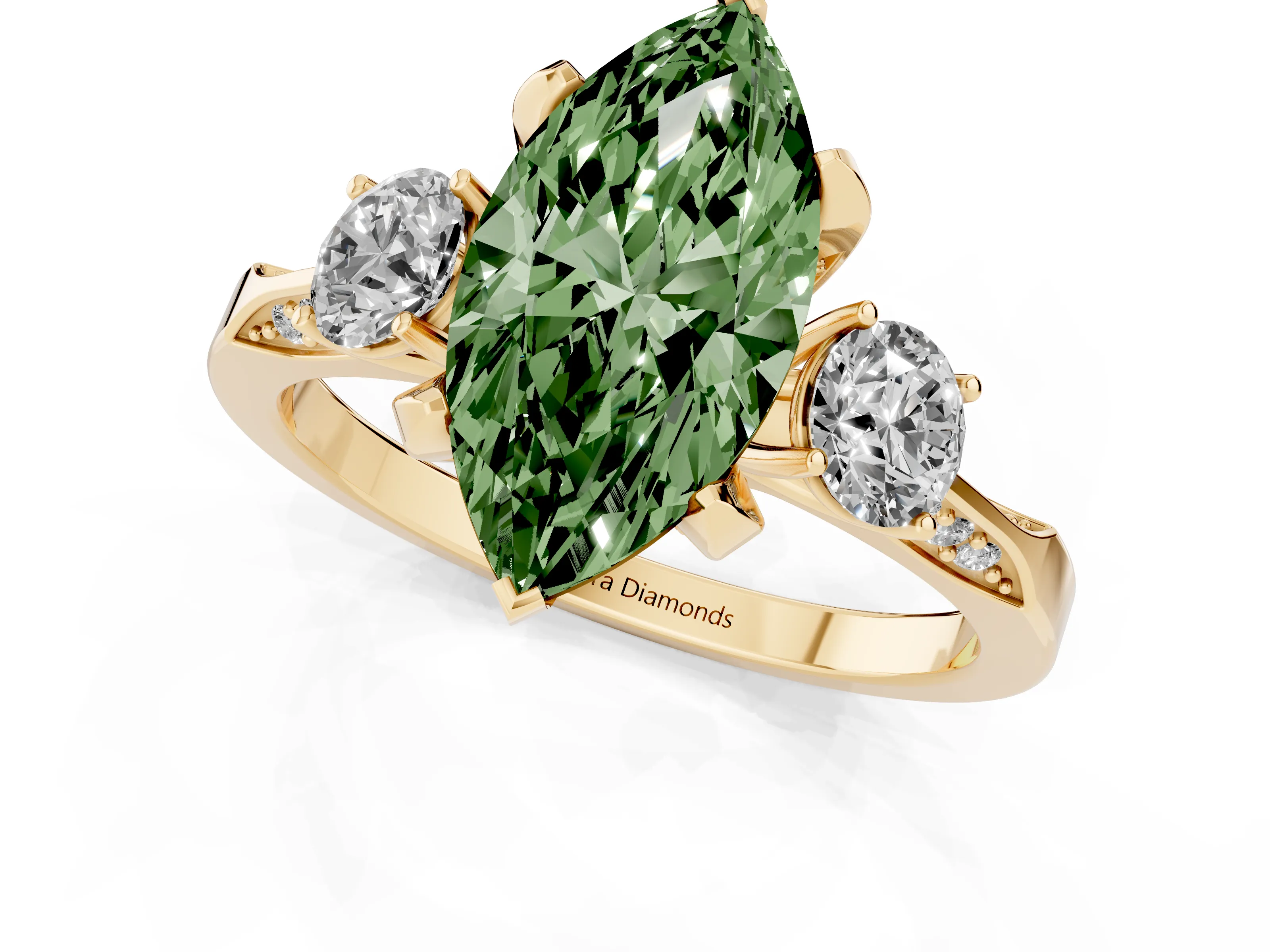 Fancy Green Marquise Cut Diamond Three-Stone Ring Set in Yellow gold with Pavé Band and Smaller Side Stones