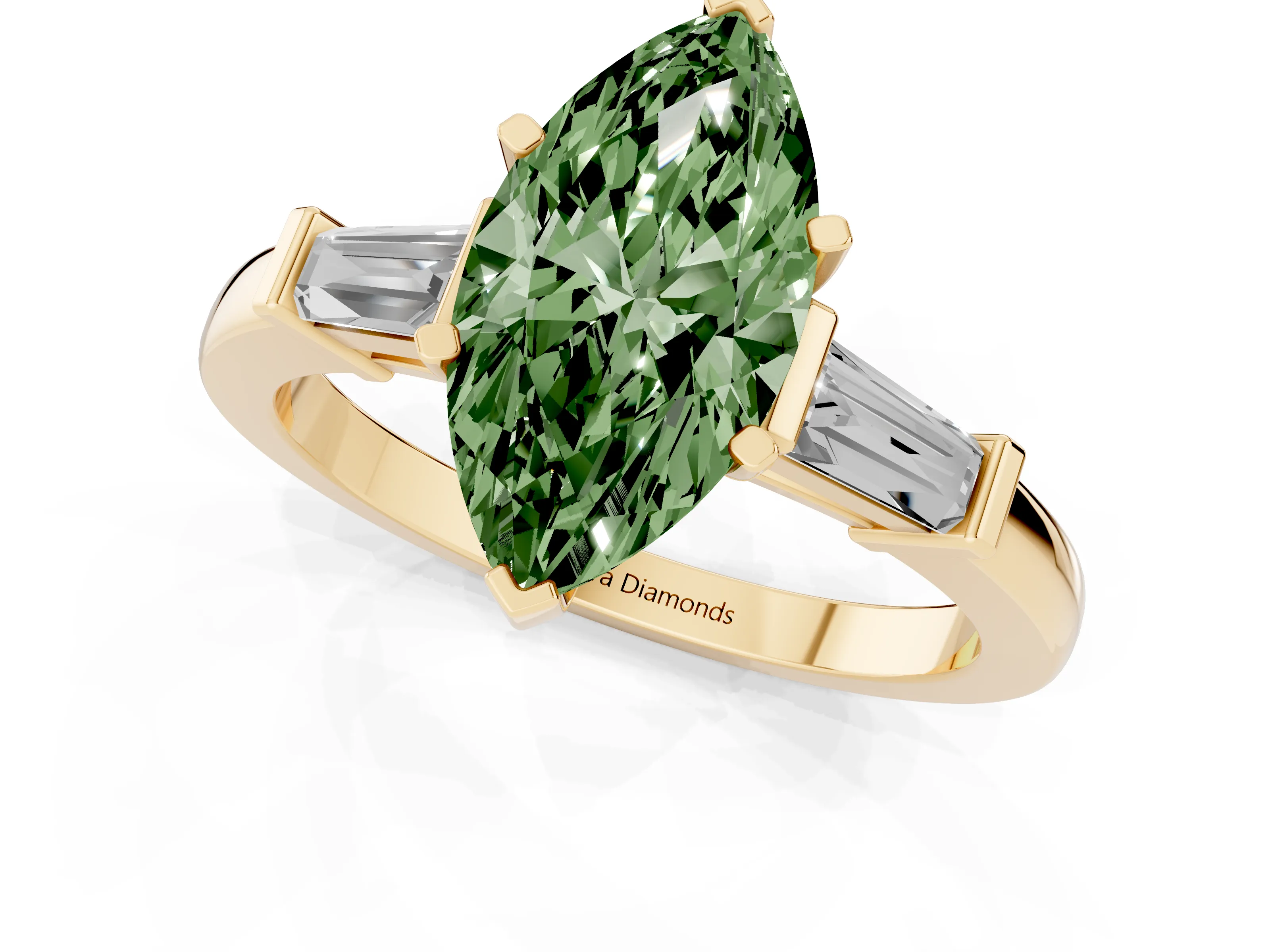 Fancy Green Marquise Cut Diamond Solitaire Ring Set in Yellow gold with Tapered Baguette Accents and Prong Setting