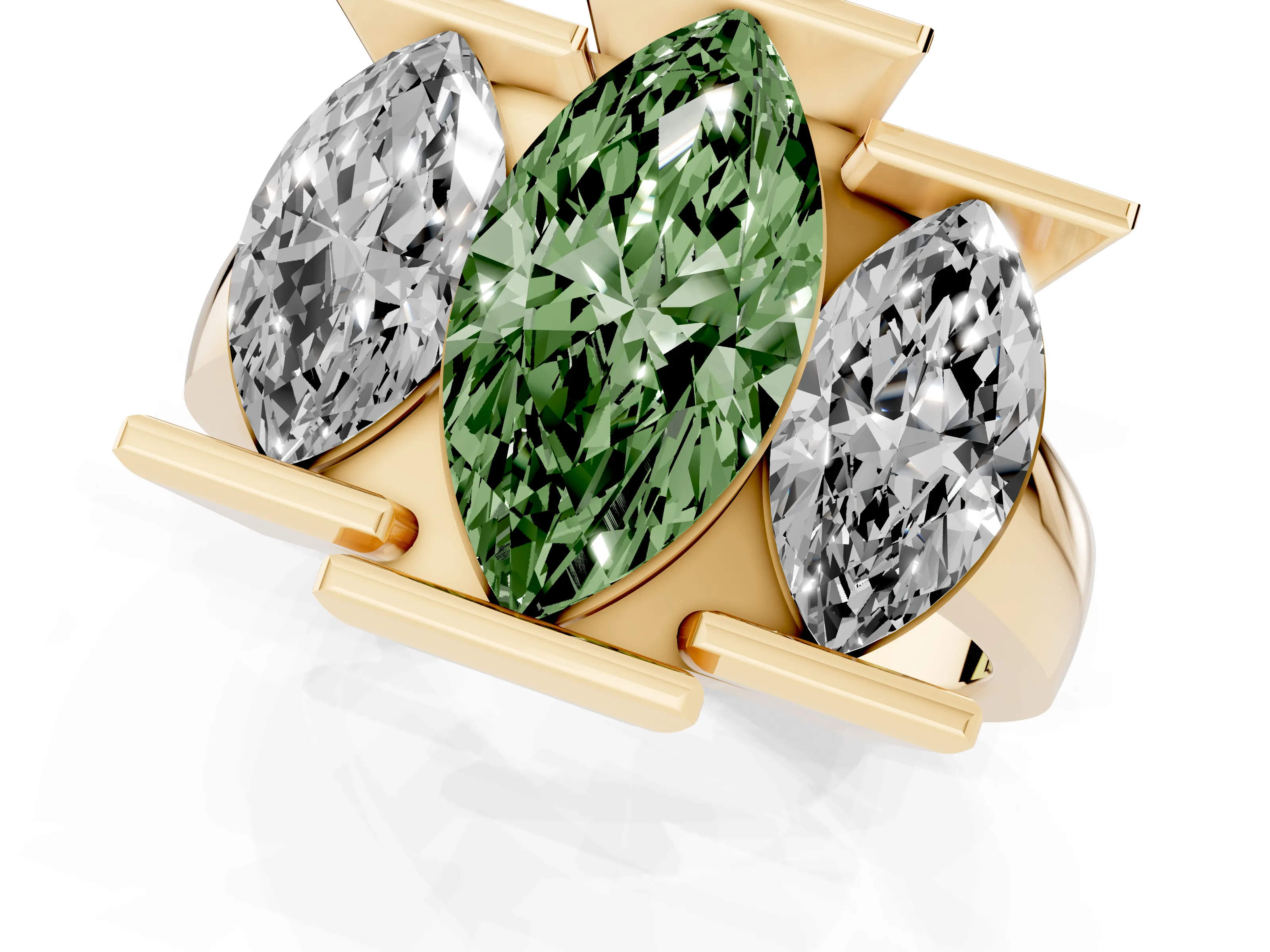 Fancy Green Marquise Cut Diamond Three-Stone Channel Set Ring Set in Yellow gold with Smooth Polished Band