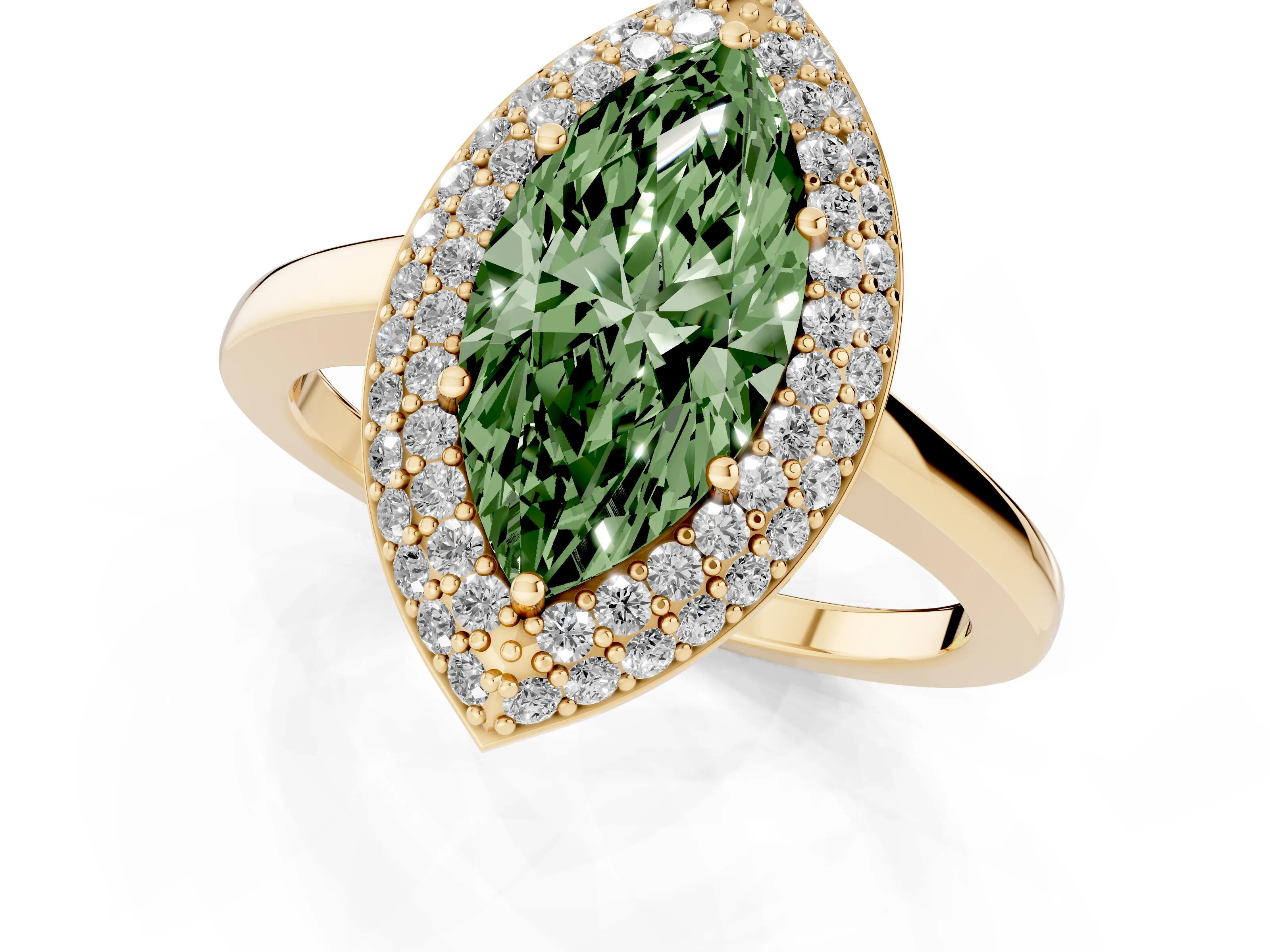 Fancy Green Marquise Cut Diamond Halo Engagement Ring Set in Yellow gold with Solitaire Band and Prong Setting