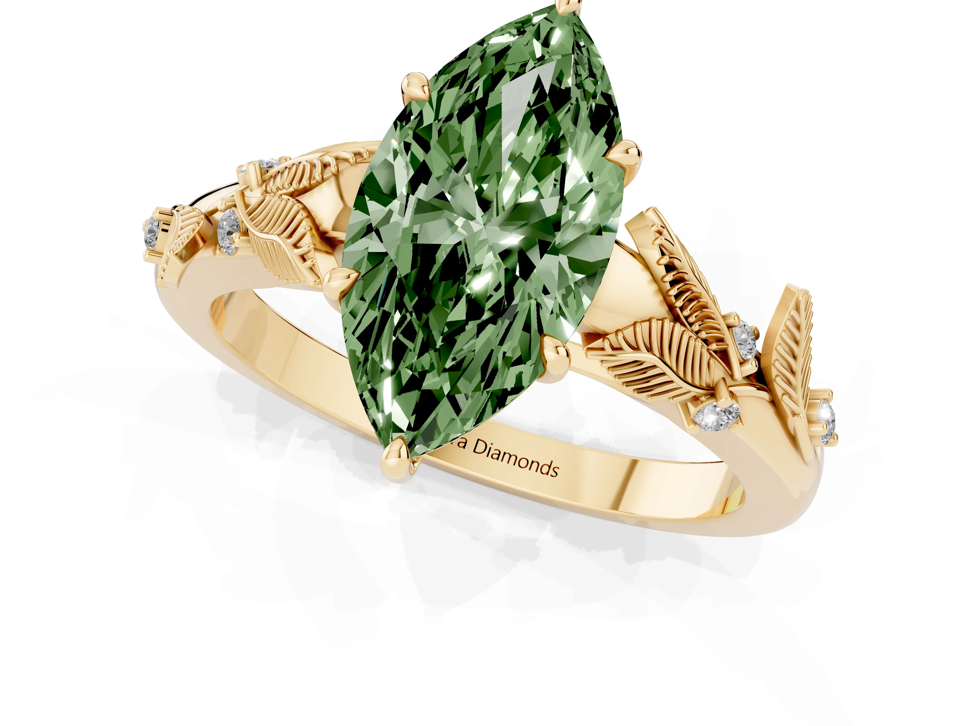Fancy Green Marquise Cut Diamond Solitaire Ring Set in Yellow gold with Leaf Motif Band
