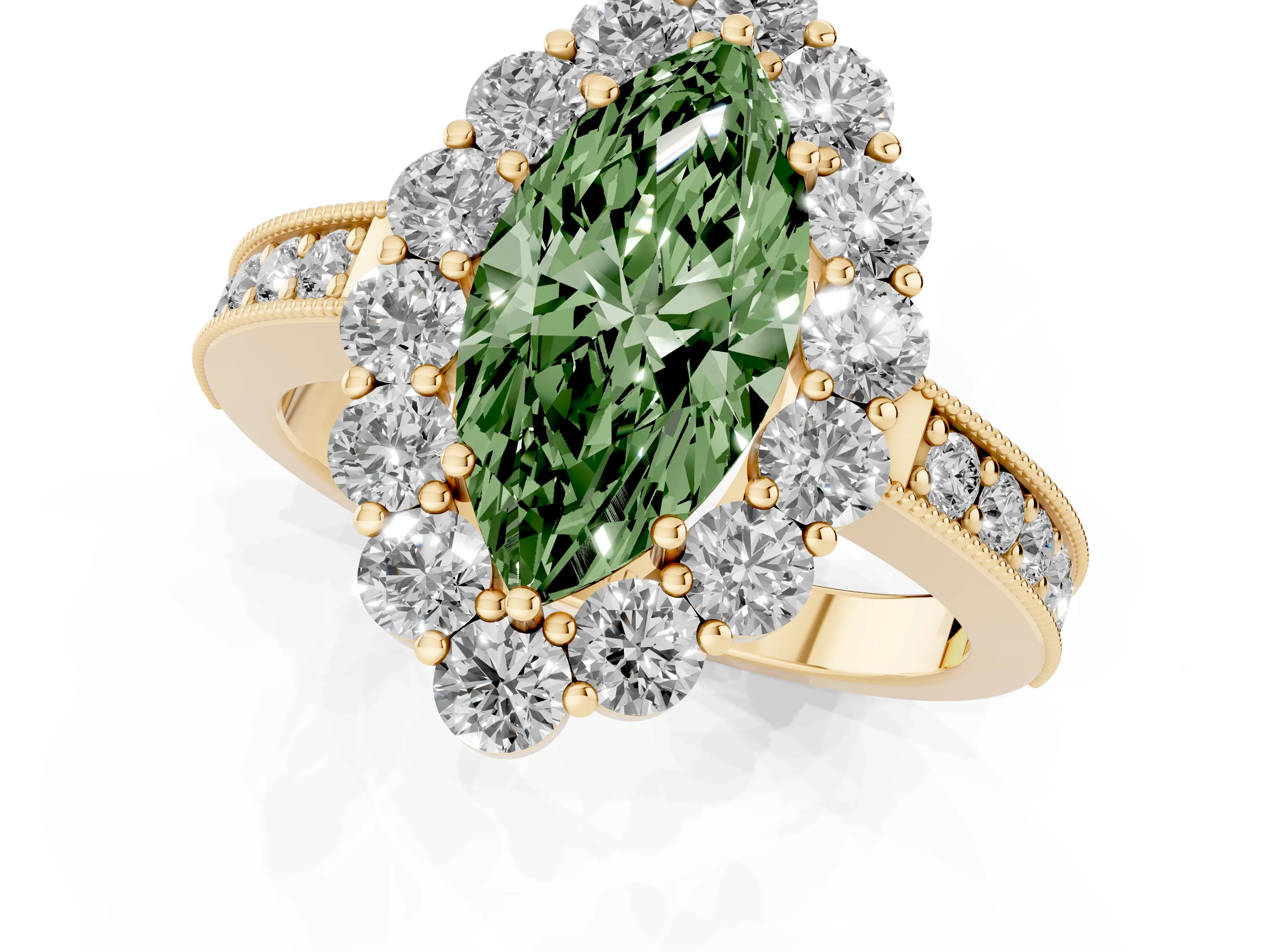 Fancy Green Marquise Cut Diamond Halo Pavé Engagement Ring Set in Yellow gold with Milgrain Detailing