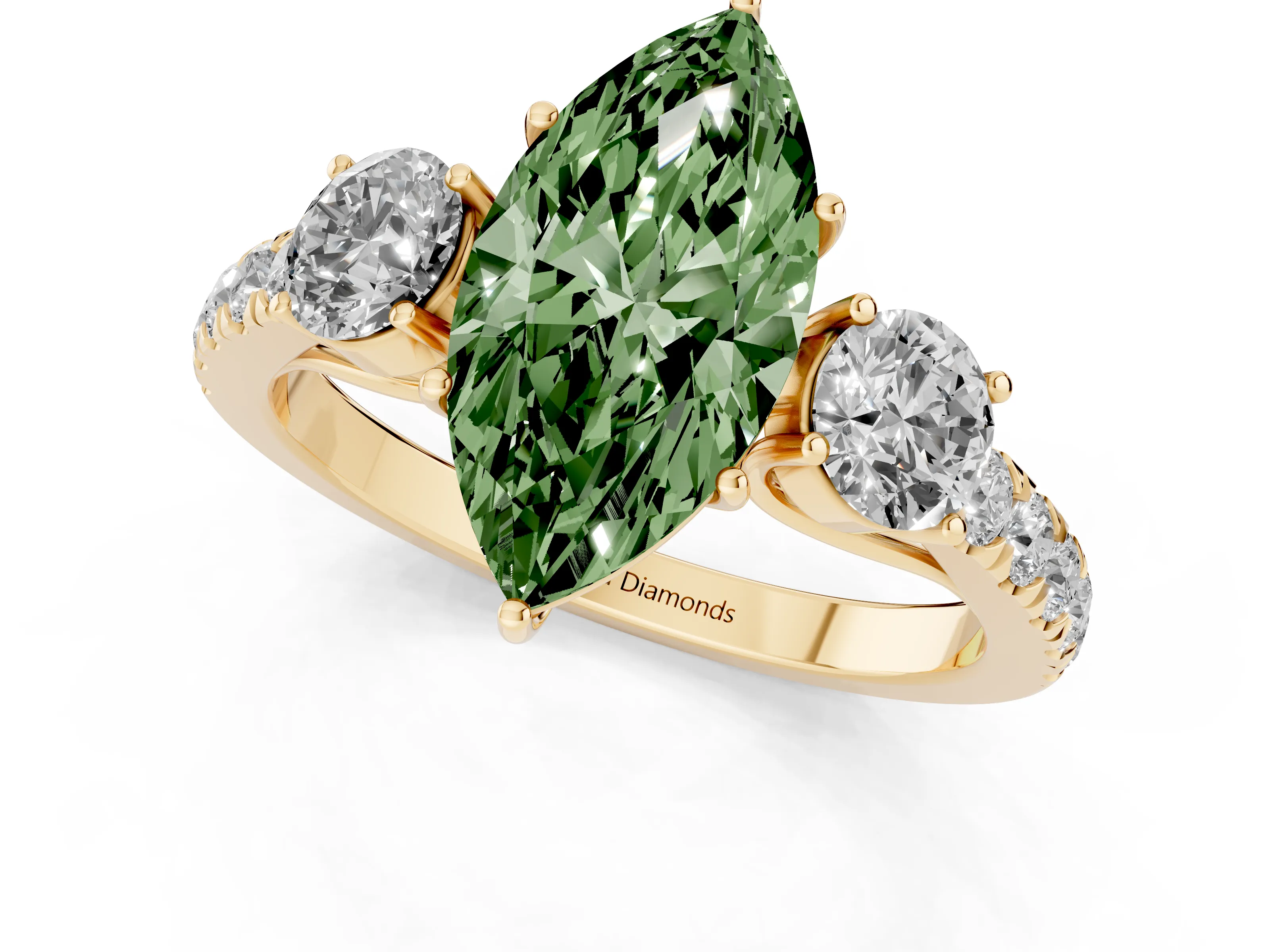 Fancy Green Marquise Cut Diamond Three-Stone Ring Set in Yellow gold with Round Side Stones and Delicate Pavé Band