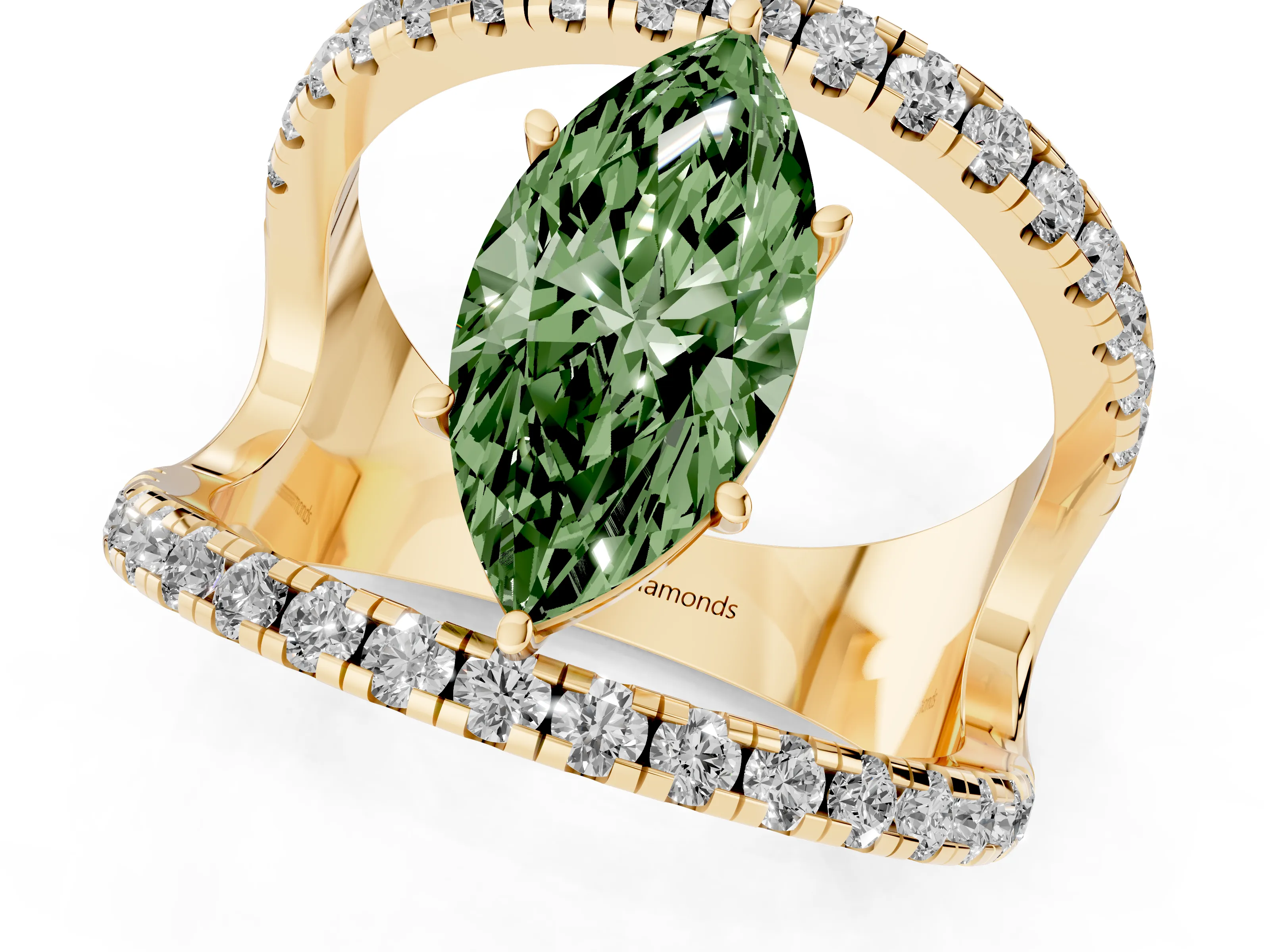 Fancy Green Marquise Cut Diamond Split Shank Pavé Solitaire Ring Set in Yellow gold with Open Shank Design