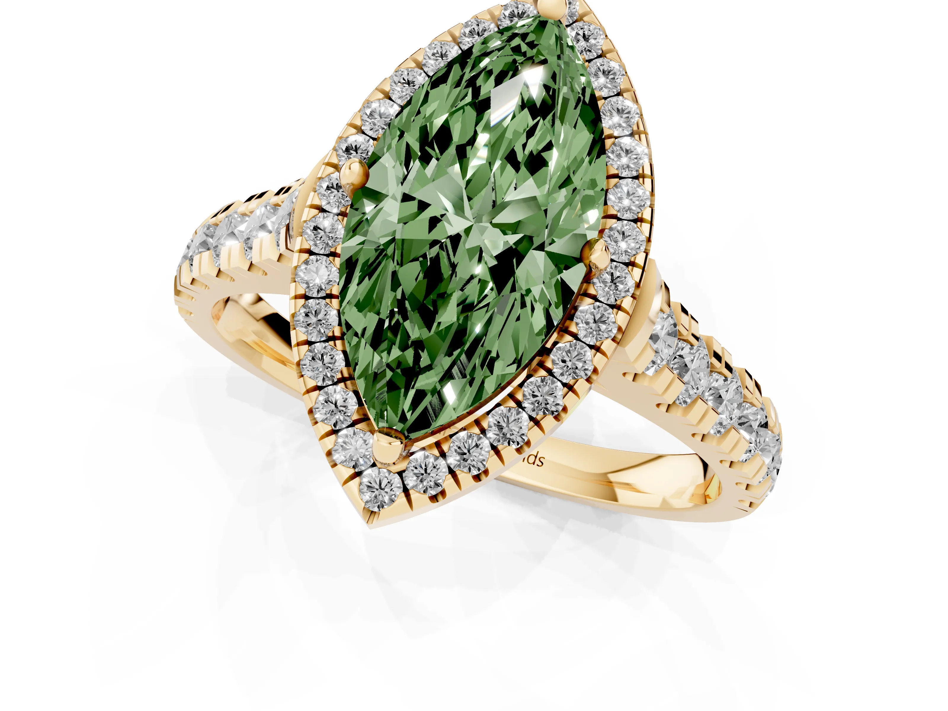Fancy Green Marquise Cut Diamond Halo Engagement Ring Set in Yellow gold with Pavé Band and Prong-Set Center