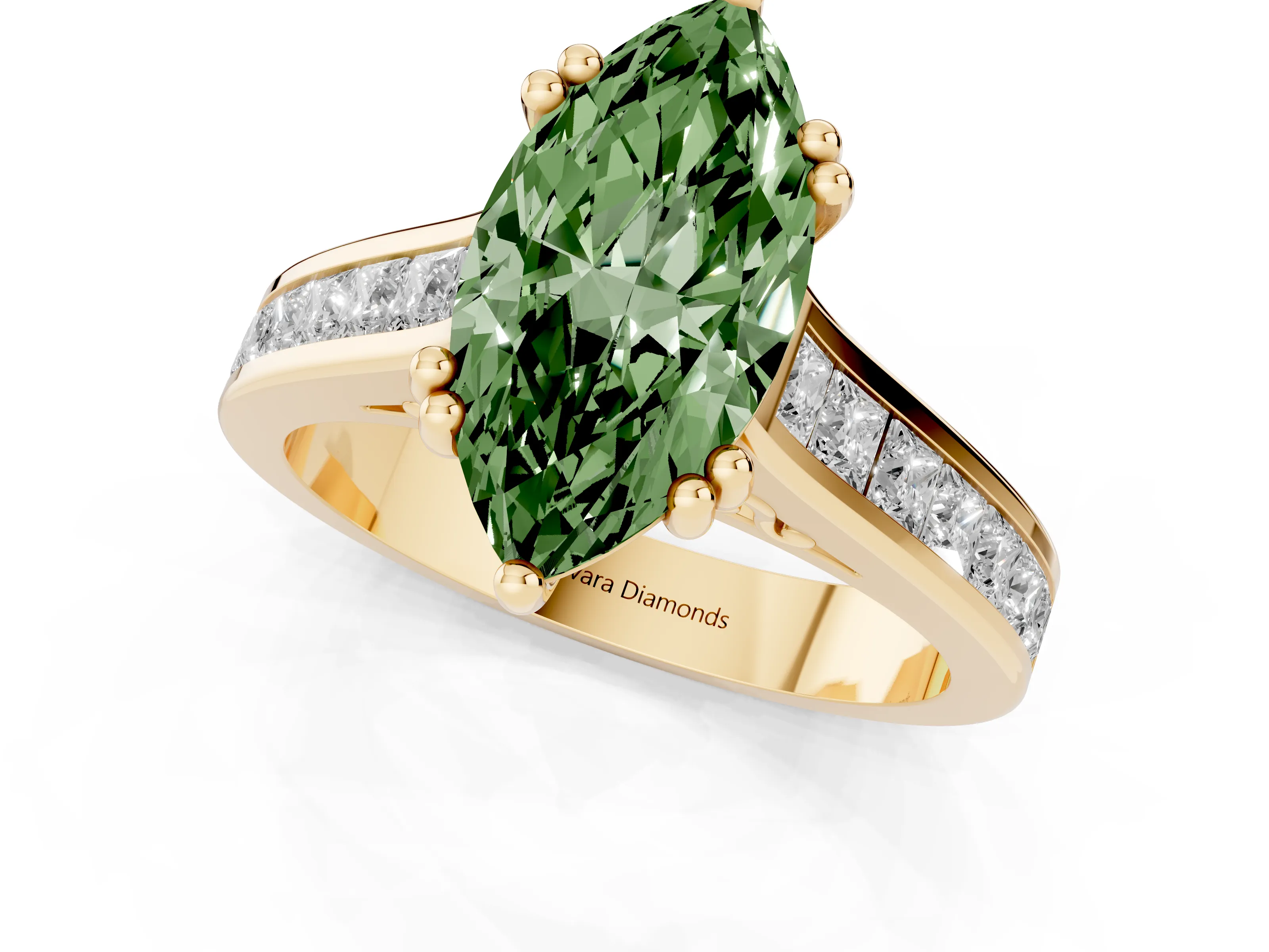 Fancy Green Marquise Cut Diamond Channel Set Solitaire Engagement Ring Set in Yellow gold with Prong Setting