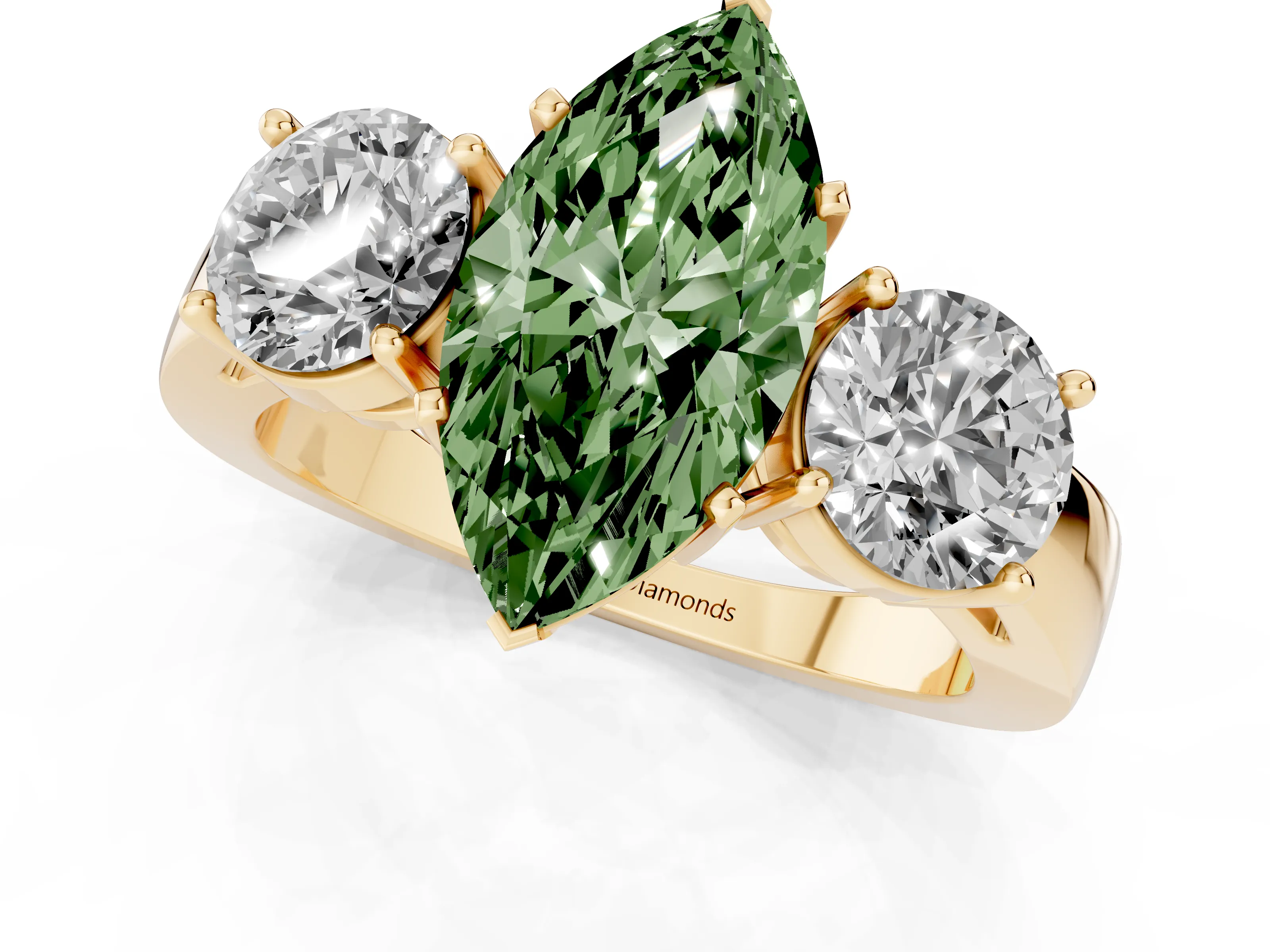 Fancy Green Marquise Cut Diamond Three-Stone Ring Set in Yellow gold with Round Side Stones and Classic Band