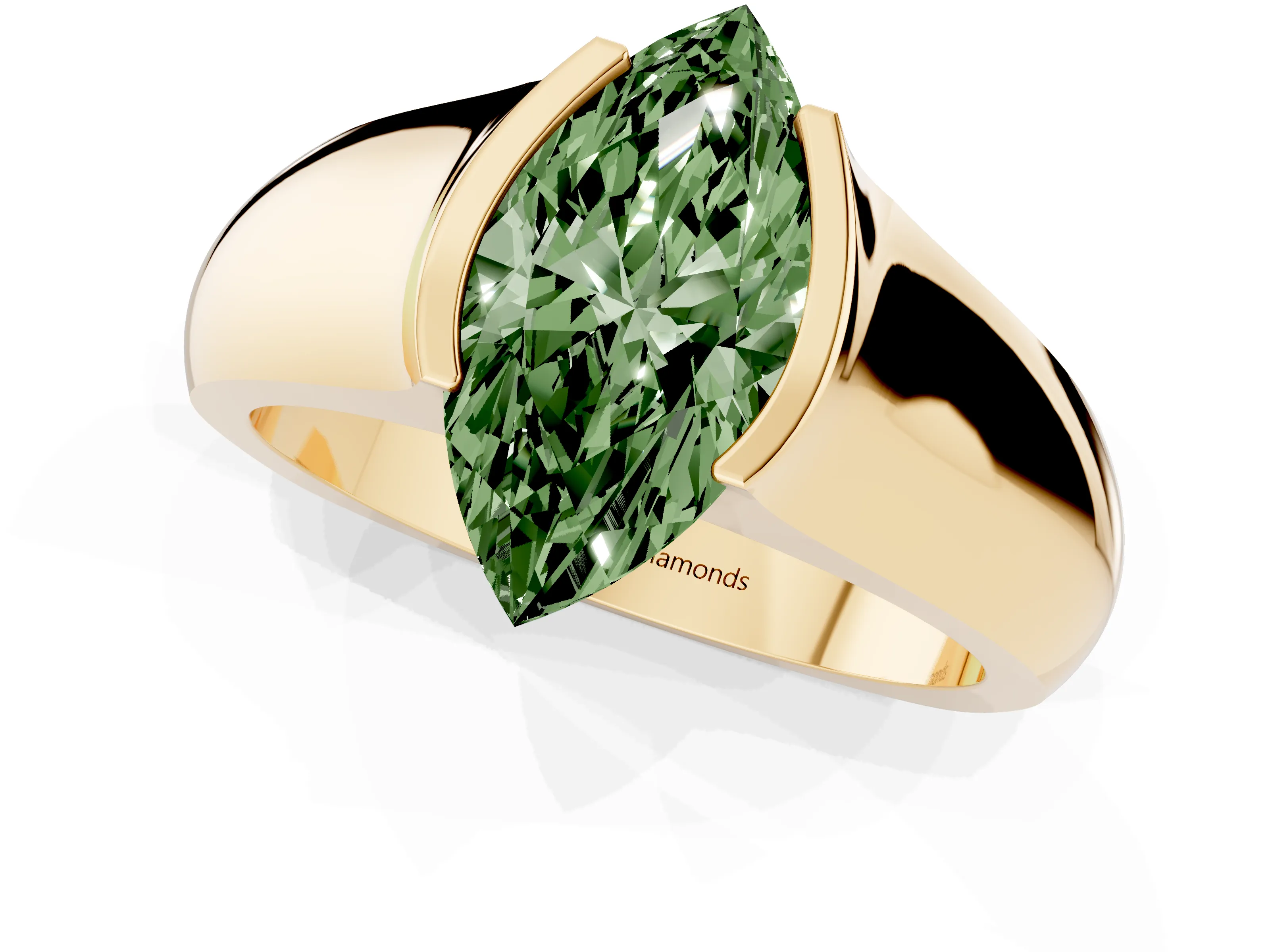 Fancy Green Marquise Cut Diamond Bezel Solitaire Ring Set in Yellow gold with Wide Band