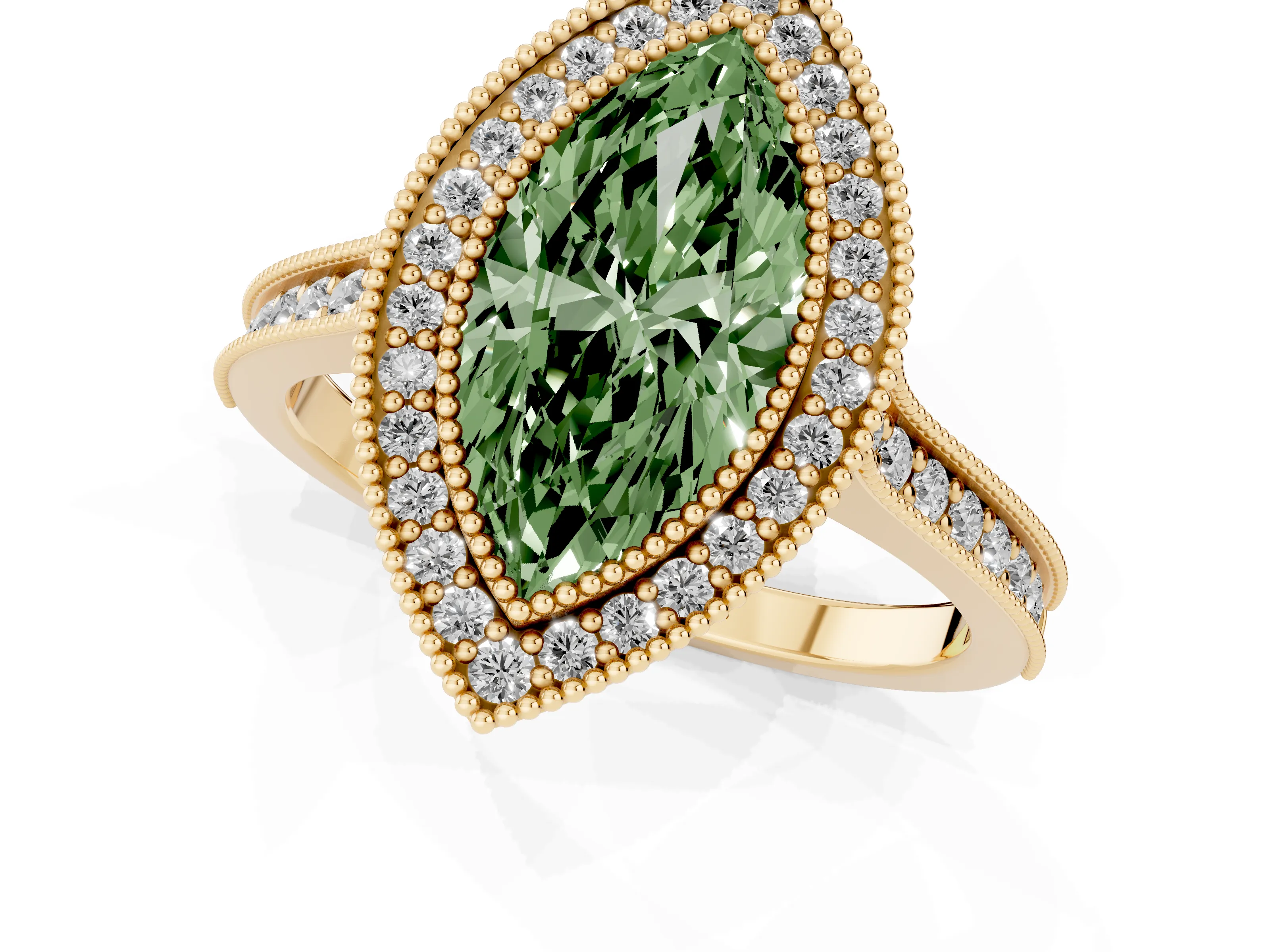 Fancy Green Marquise Cut Diamond Halo Milgrain Pavé Band Ring Set in Yellow gold with Prong Setting