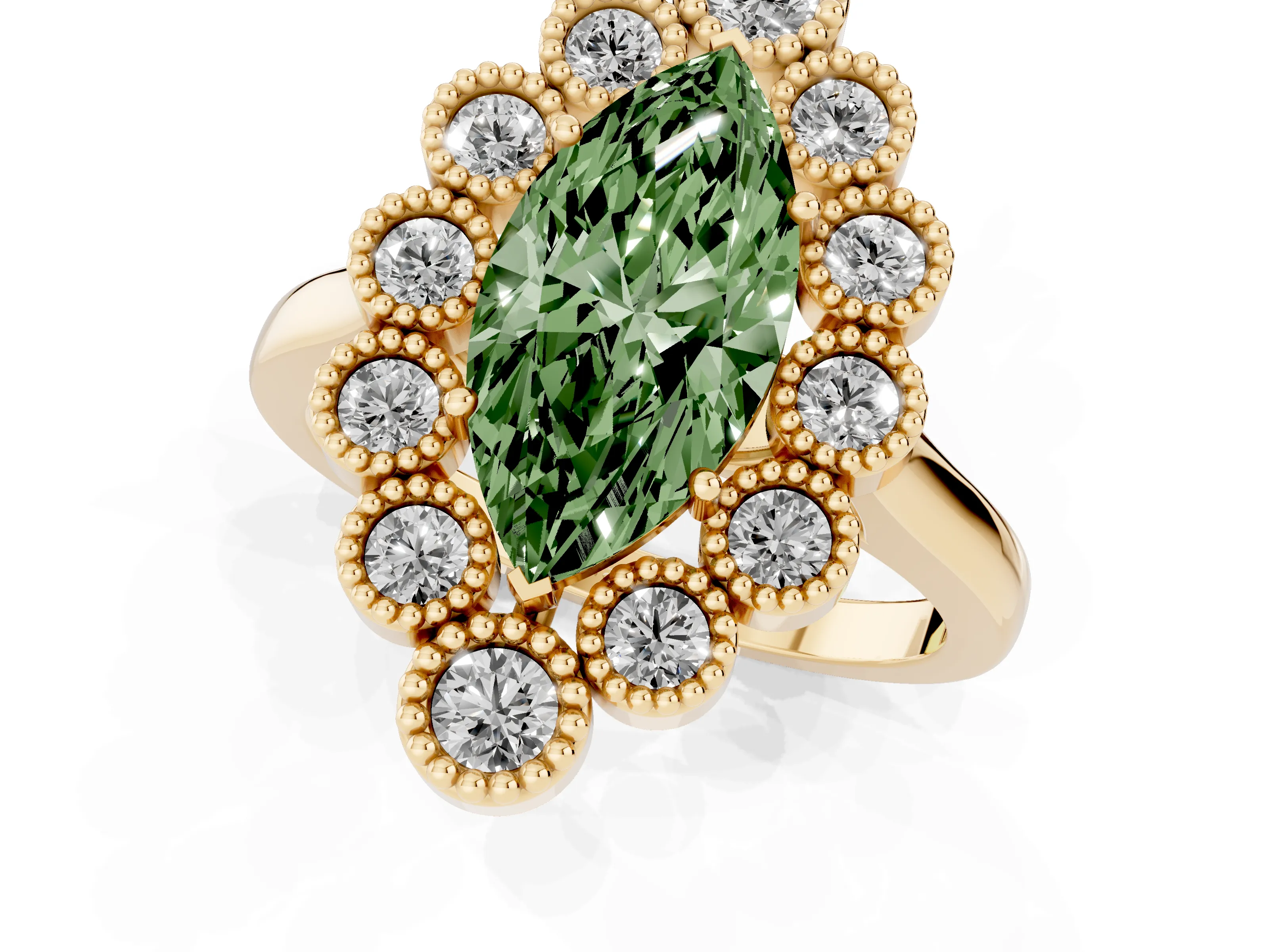 Fancy Green Marquise Cut Diamond Cluster Halo Ring Set in Yellow gold with Milgrain Bezel Accents and Plain Band