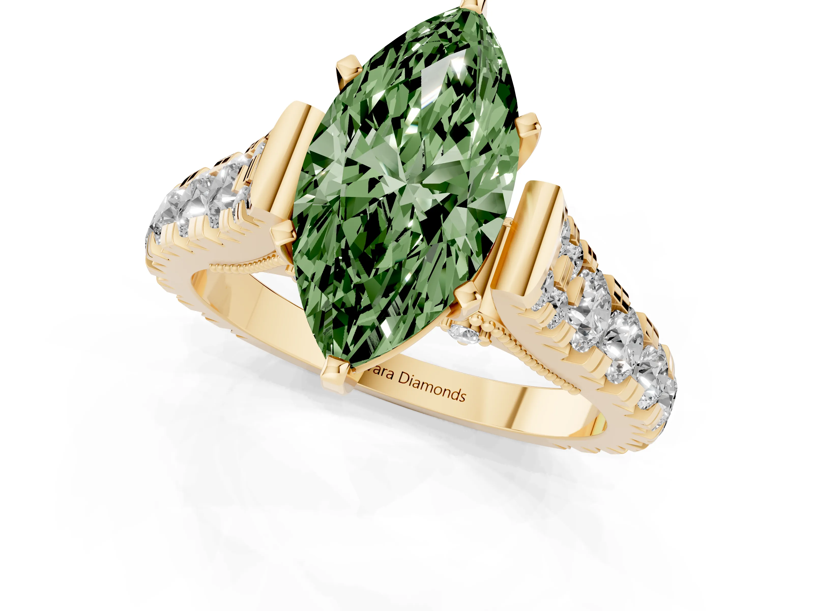 Fancy Green Marquise Cut Diamond Classic Solitaire Ring Set in Yellow gold with Pavé Band and Prong Setting