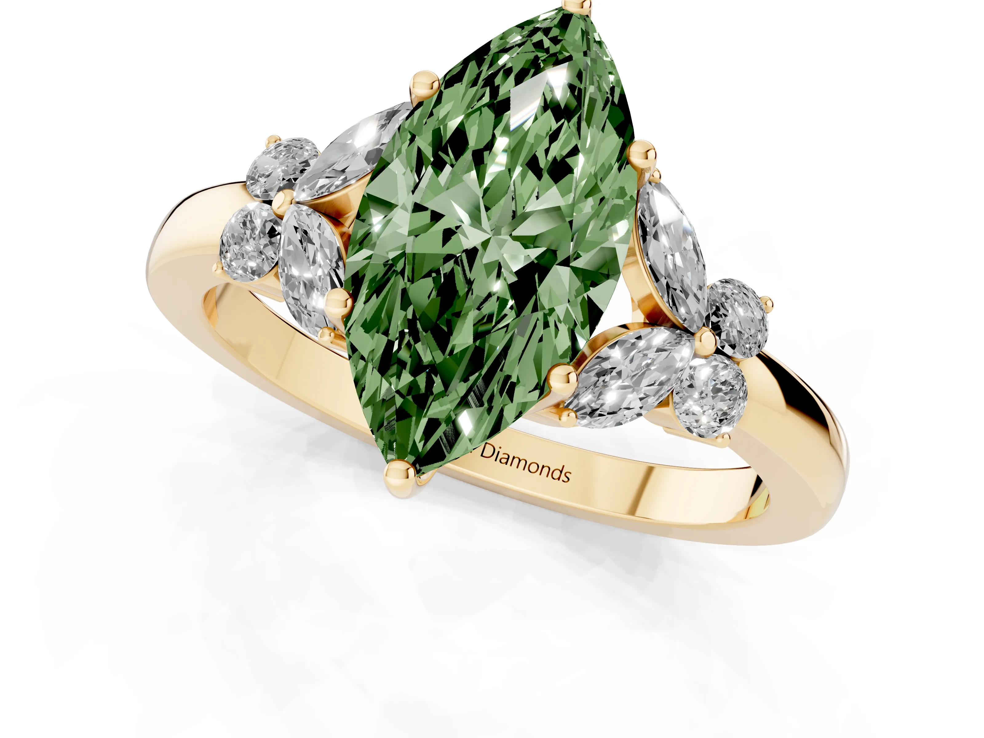 Fancy Green Marquise Cut Diamond Solitaire Floral Ring Set in Yellow gold with Marquise Petals and Prong Setting