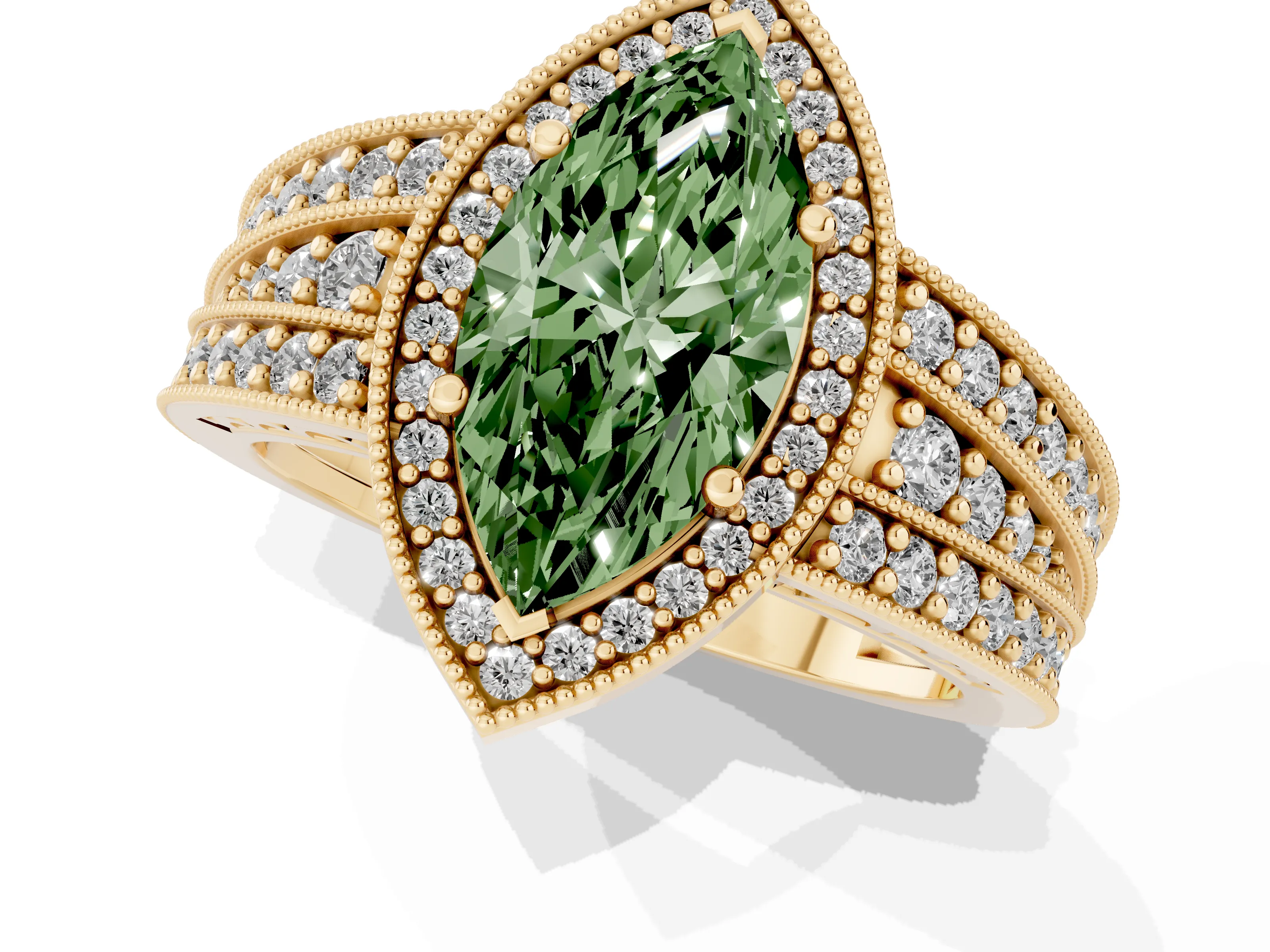 Fancy Green Marquise Cut Diamond Halo Ring Set in Yellow gold with Accent Split Shank and Prong Setting