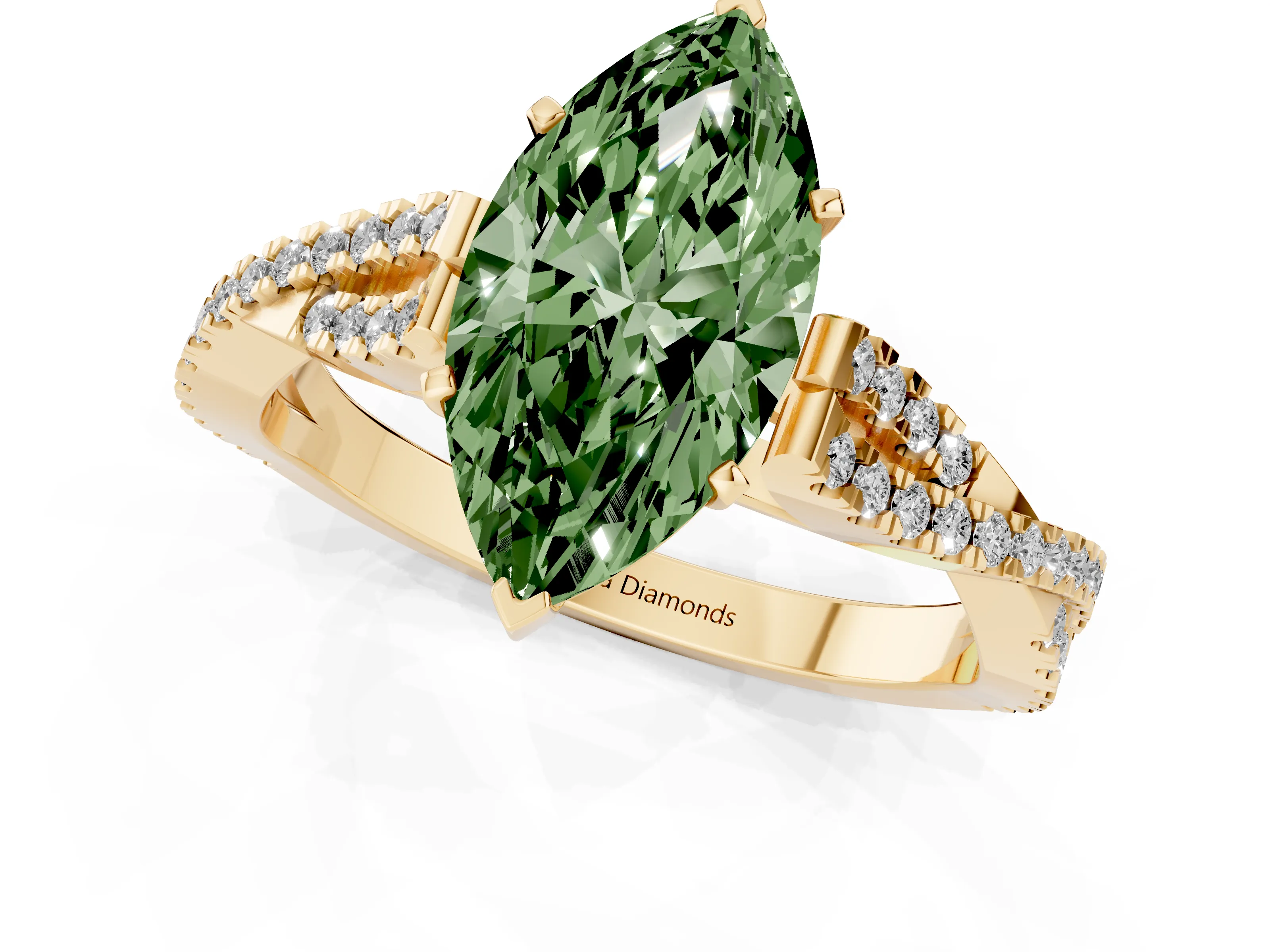 Fancy Green Marquise Cut Diamond Solitaire Engagement Ring Set in Yellow gold with Twisted Pavé Band and Prong Setting