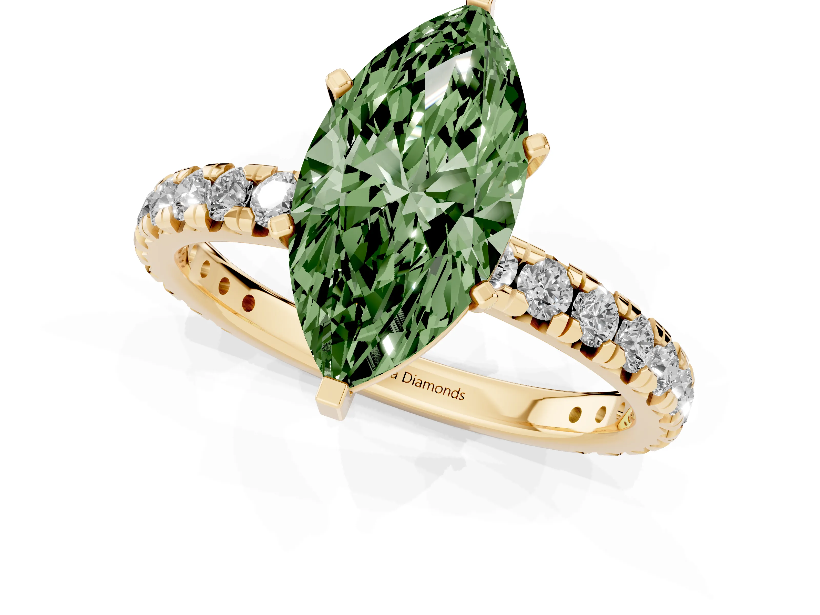 Fancy Green Marquise Cut Diamond Pavé Solitaire Ring Set in Yellow gold with Round Band and Prong Setting – second view