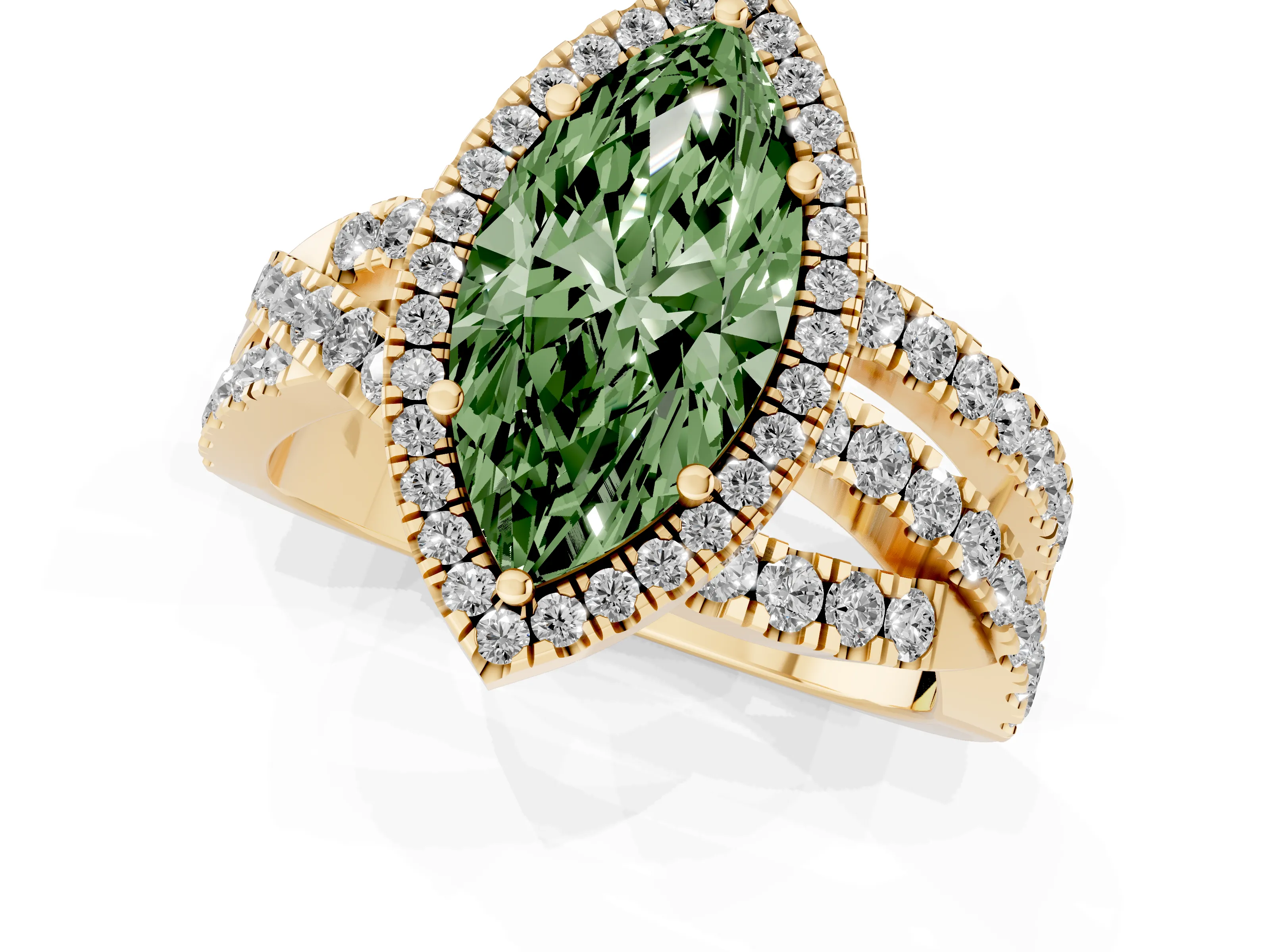 Fancy Green Marquise Cut Diamond Halo Ring Set in Yellow gold with Round Crossover Split Shank and Prong Setting