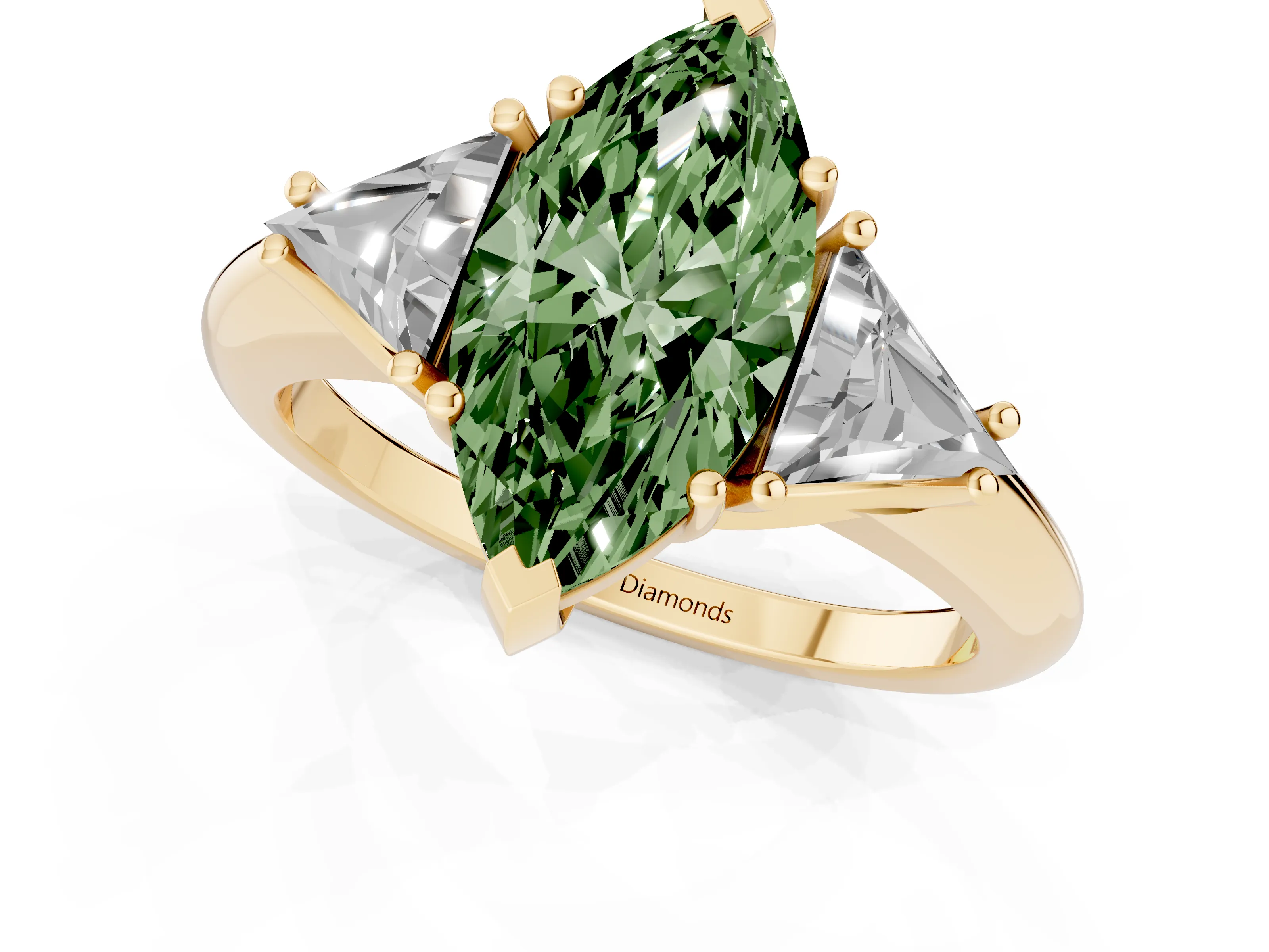 Fancy Green Marquise Cut Diamond Three-Stone Engagement Ring Set in Yellow gold with Trillion Side Stones – second view