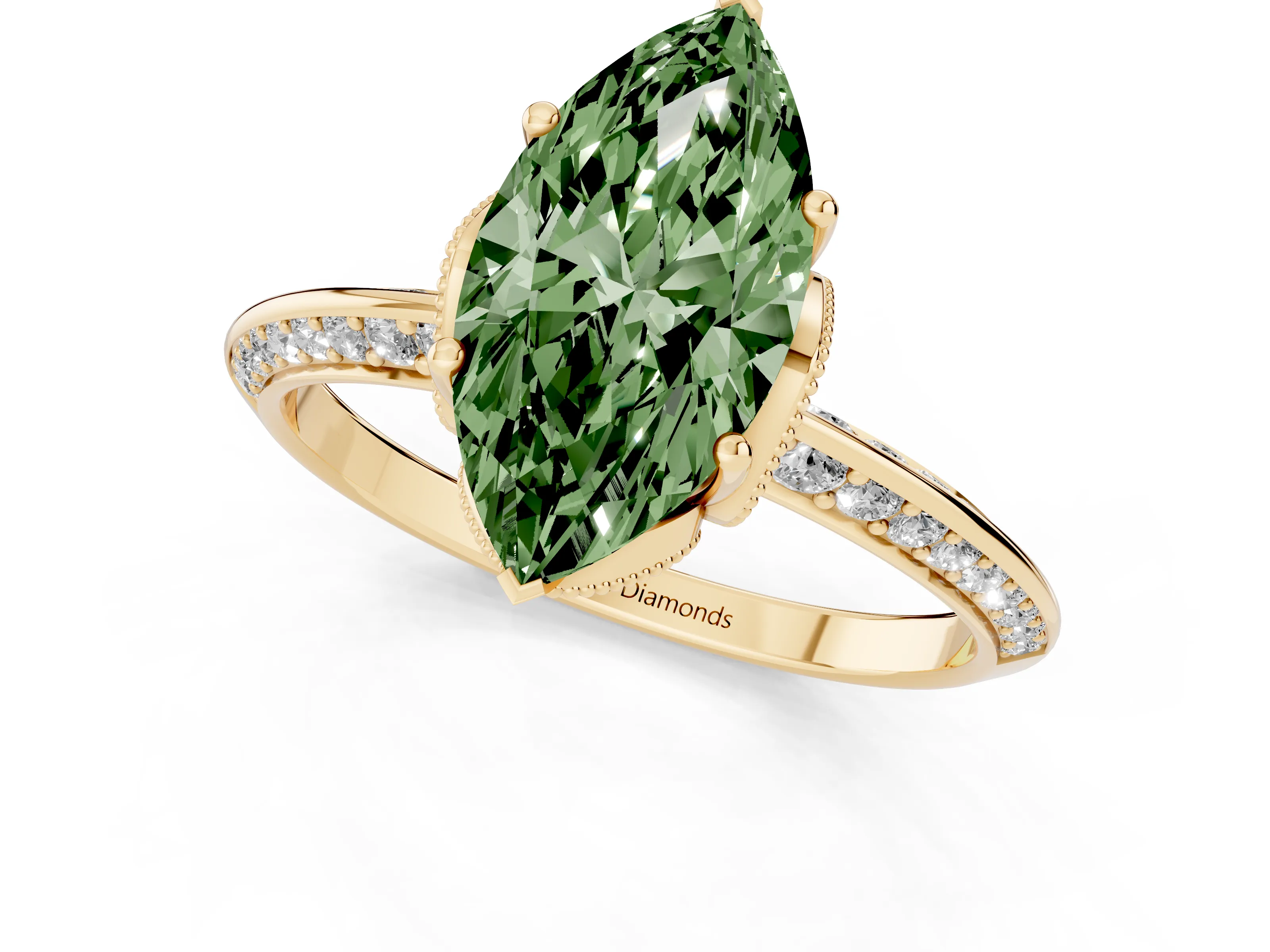 Fancy Green Marquise Cut Diamond Solitaire Engagement Ring Set in Yellow gold with Pavé Split Shank and Prong Setting