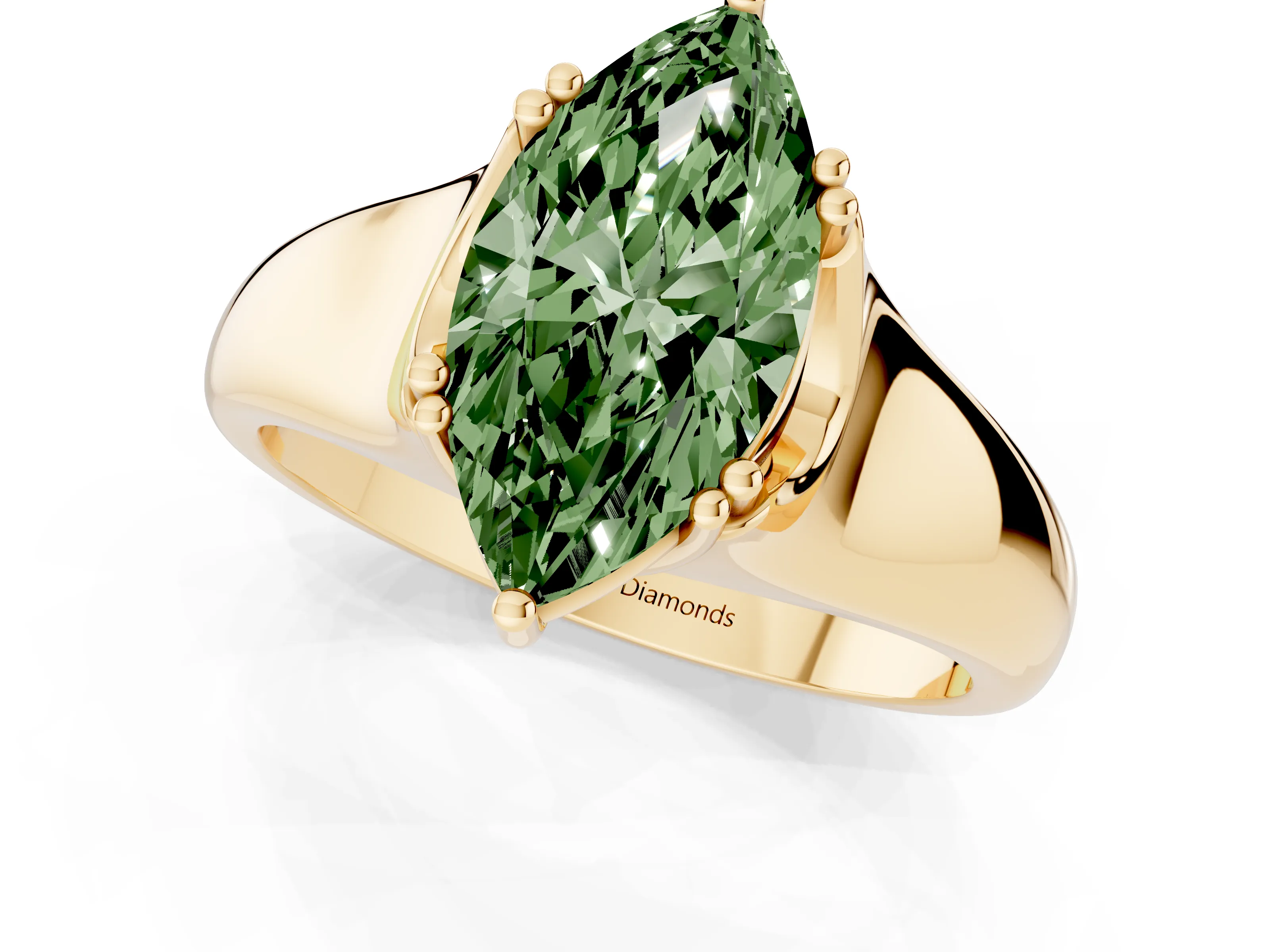 Fancy Green Marquise Cut Diamond Solitaire Ring Set in Yellow gold with Wide Band and Prong Setting