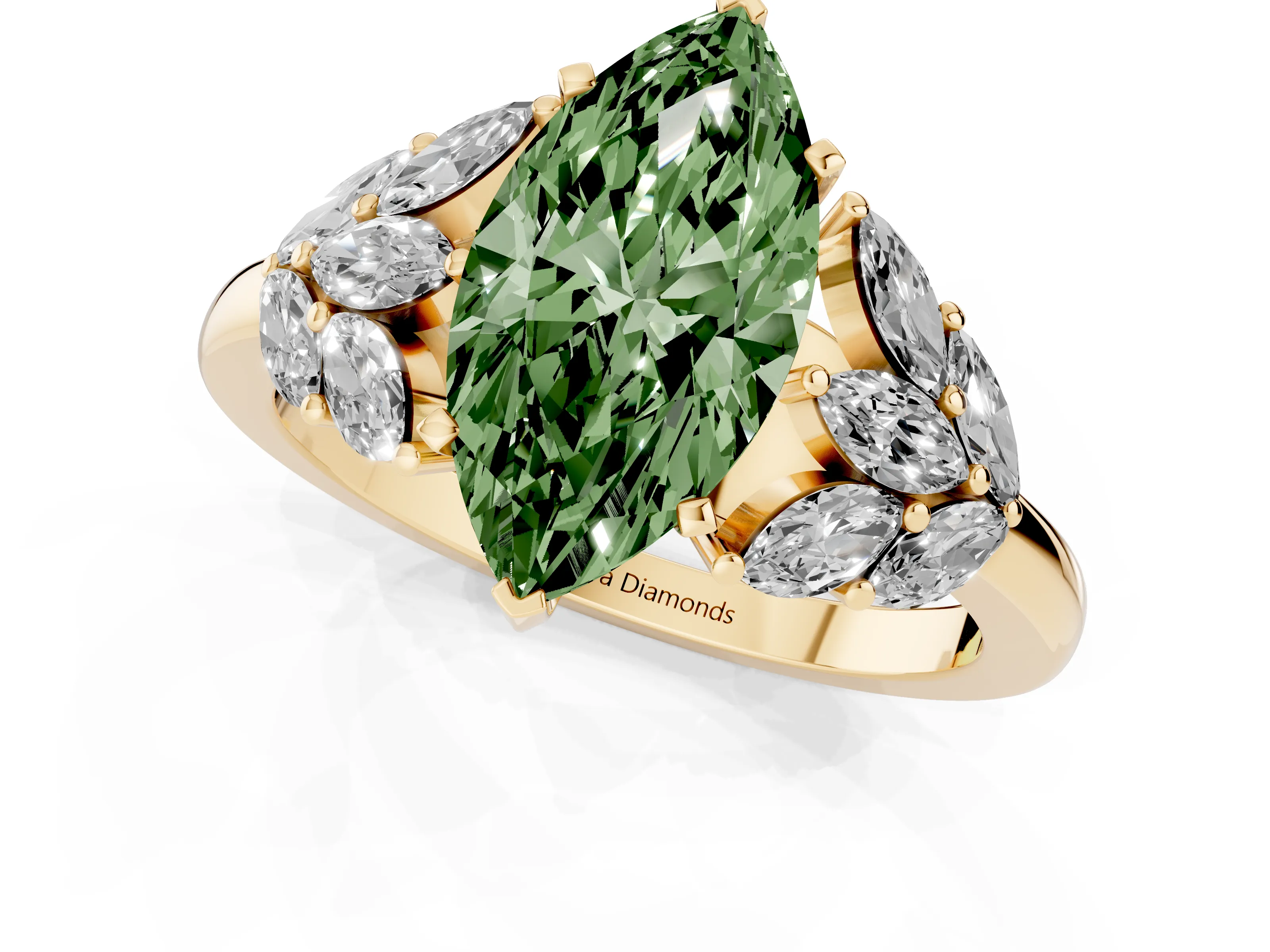 Fancy Green Marquise Cut Diamond Cluster Leaf Design Ring Set in Yellow gold with Prong Setting