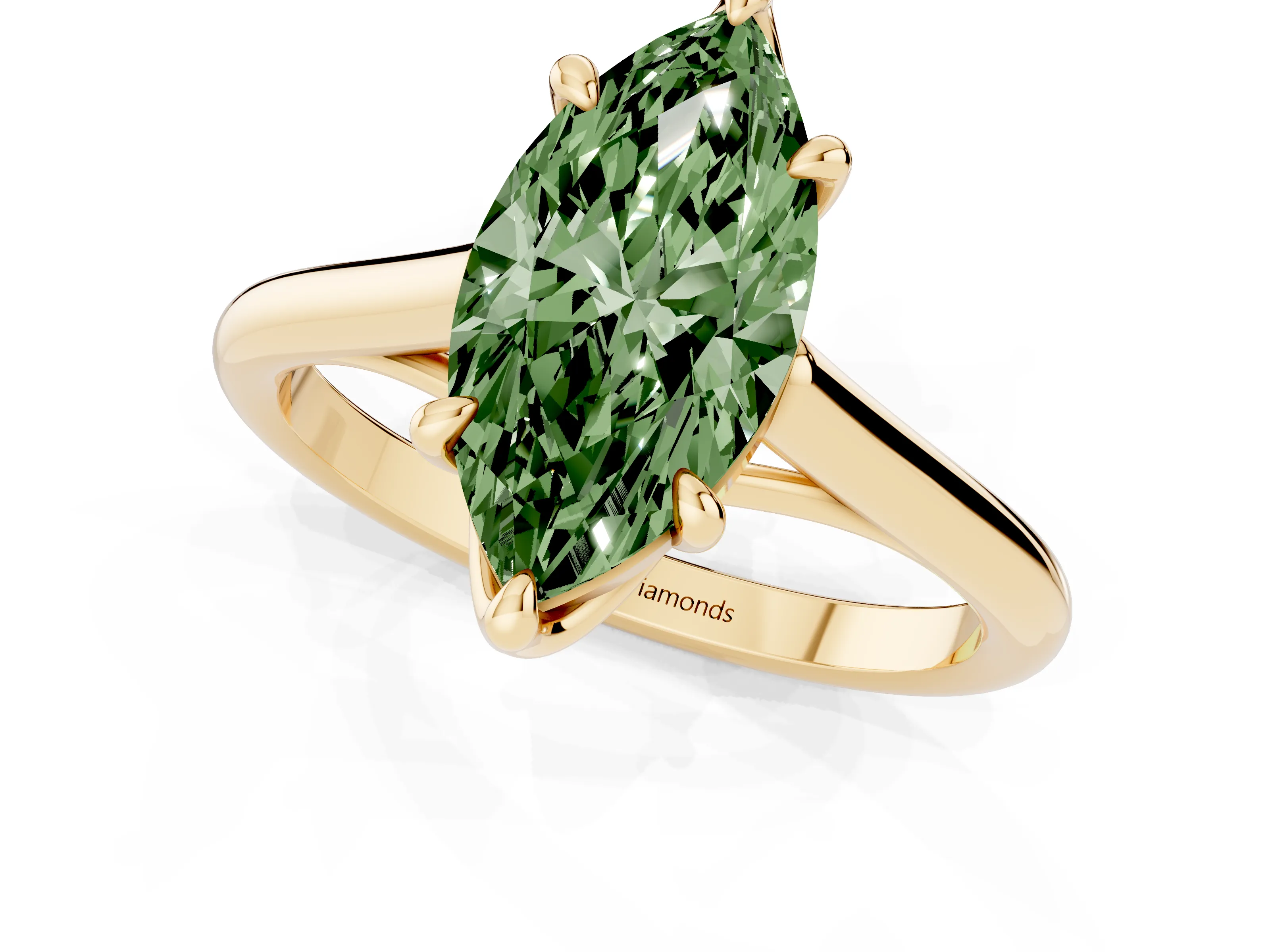 Fancy Green Marquise Cut Diamond Solitaire Engagement Ring Set in Yellow gold with Prong Setting and Plain Classic Band